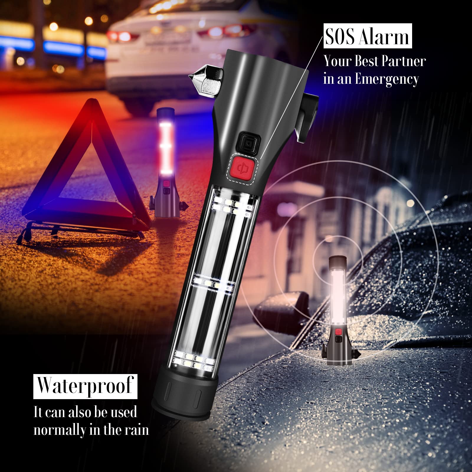 Unicumoo Solar Powered Car Safety Hammer Flashlight With Seatbelt Cutter, Led High Lumens, Red And Blue Sos Flashing, Usb Charging, Magnetic Attraction, Portable Design