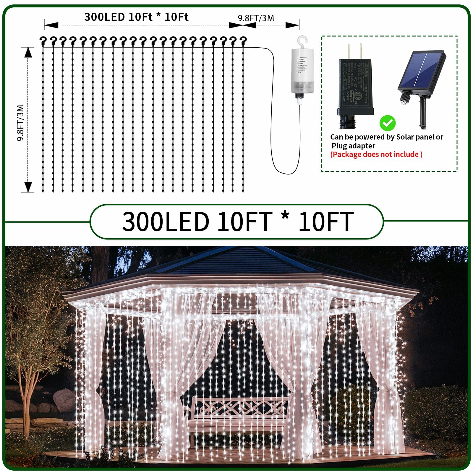Ryblgled 300 Led Curtain Lights Battery Operated, 2Pack 10Ftx10Ft Battery Power Fairy Curtain String Lights With Remote Timer, For Outside Patio Backdrop Indoor Bedroom Wedding Decor Cool White