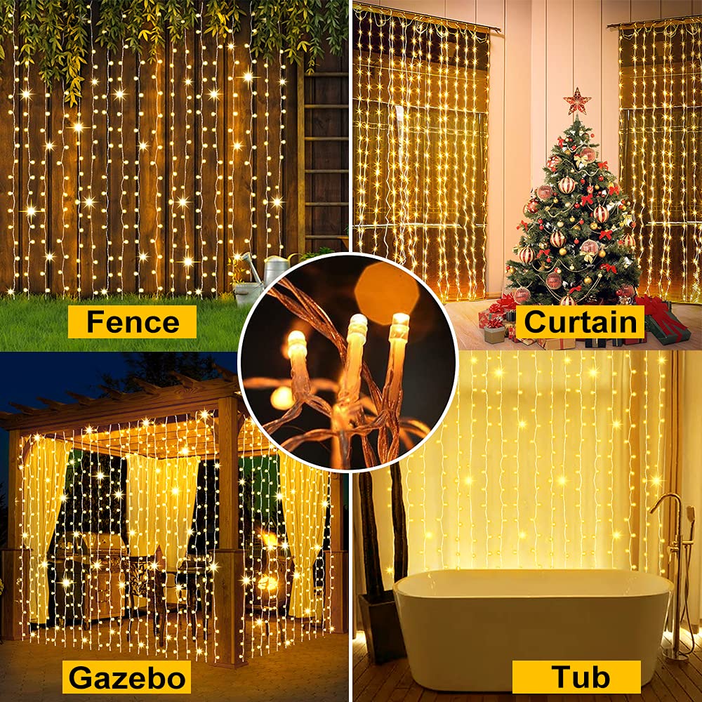 Whywhife Solar Curtain Lights Outdoor Garden Fairy String Lights 300 Led 8 Modes Remote Control Waterproof Waterfall Lights For Gazebo Patio Party Festival Wedding Christmas Decorations(Warm)