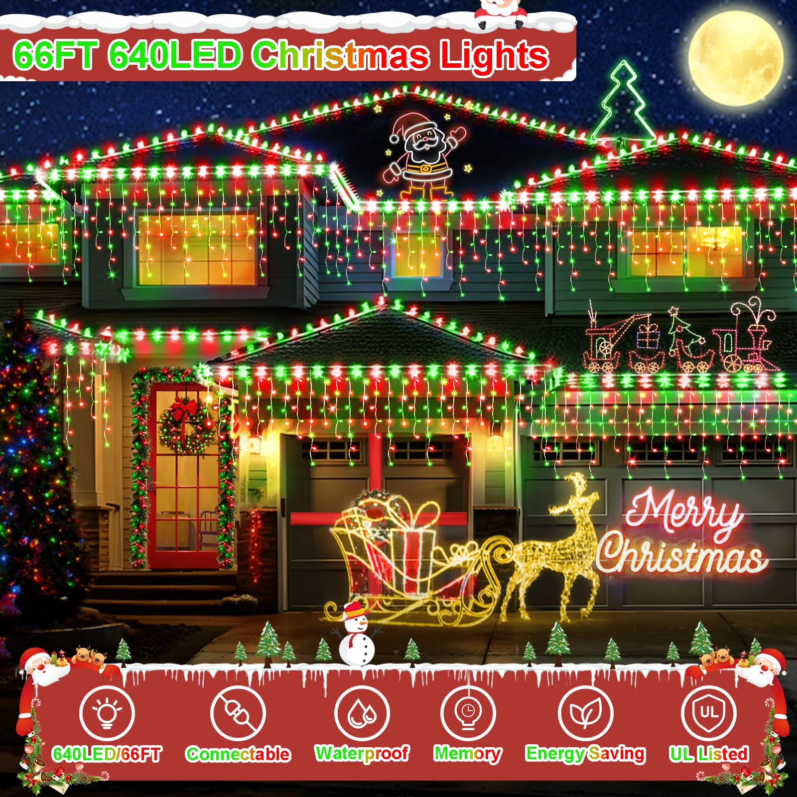 Jxledayy 65 Ft 640 Led Christmas Lights Outdoor Decorations Clear Wire String Lights Plug In 120 Drops 8 Modes Memory Timer Curtain Fairy Lights Waterproof For Holiday Wedding Party-Red And Green