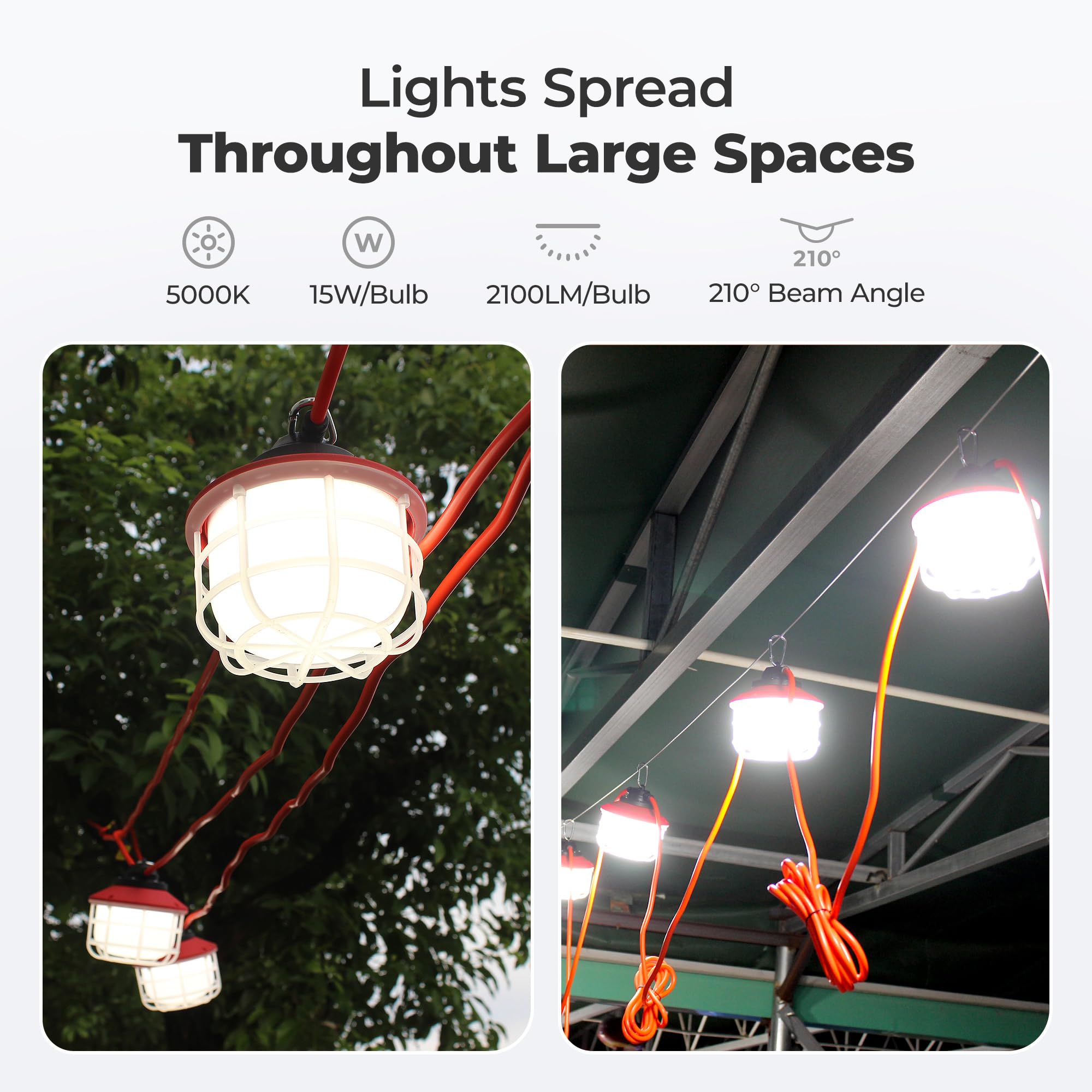 Omlite 100Ft Construction String Lights：150W 21000Lm Linkable Super Bright Led String Work Lights For Construction Sites Temporary Work Jobsite Ip65 Waterproof 18Awg Wire Work Light With Cage