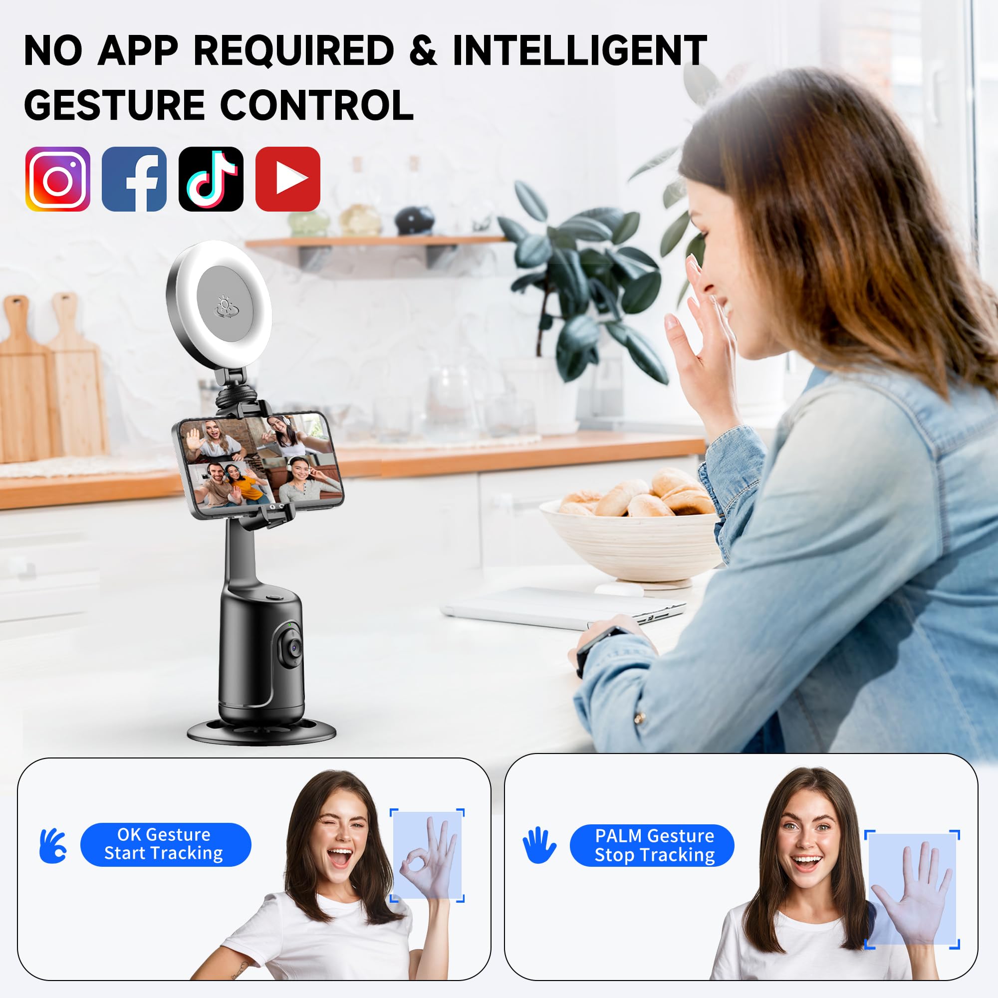 Selfieshow Auto Face Tracking Tripod With 2 Selfie Ring Light, 360° Rotation Face Body Phone Holder Smart Shooting Camera Mount With Remote, Rechargeable Smart Shooting Holder For Vlog, Streaming, Video, Tiktok