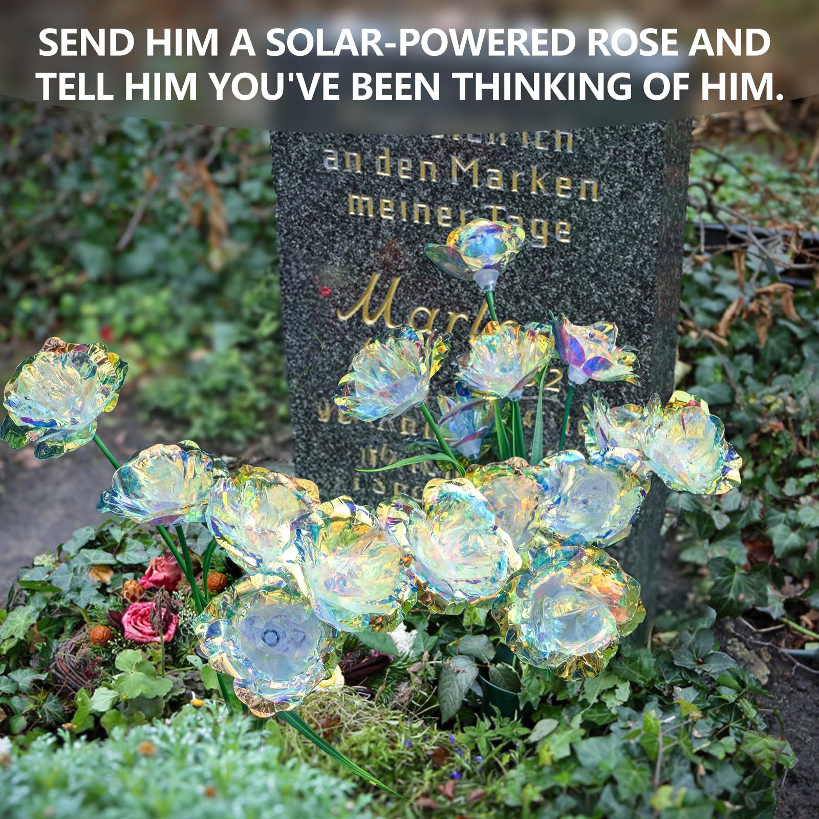 Flumy Solar Lights For Outside Gardening Supplies,Cemetery Decoration,Garden Decoration，Christmas Decoration，Solar Lights Outdoor Waterproof Rose Flowers 8-Head Garden Lights 2 Pack