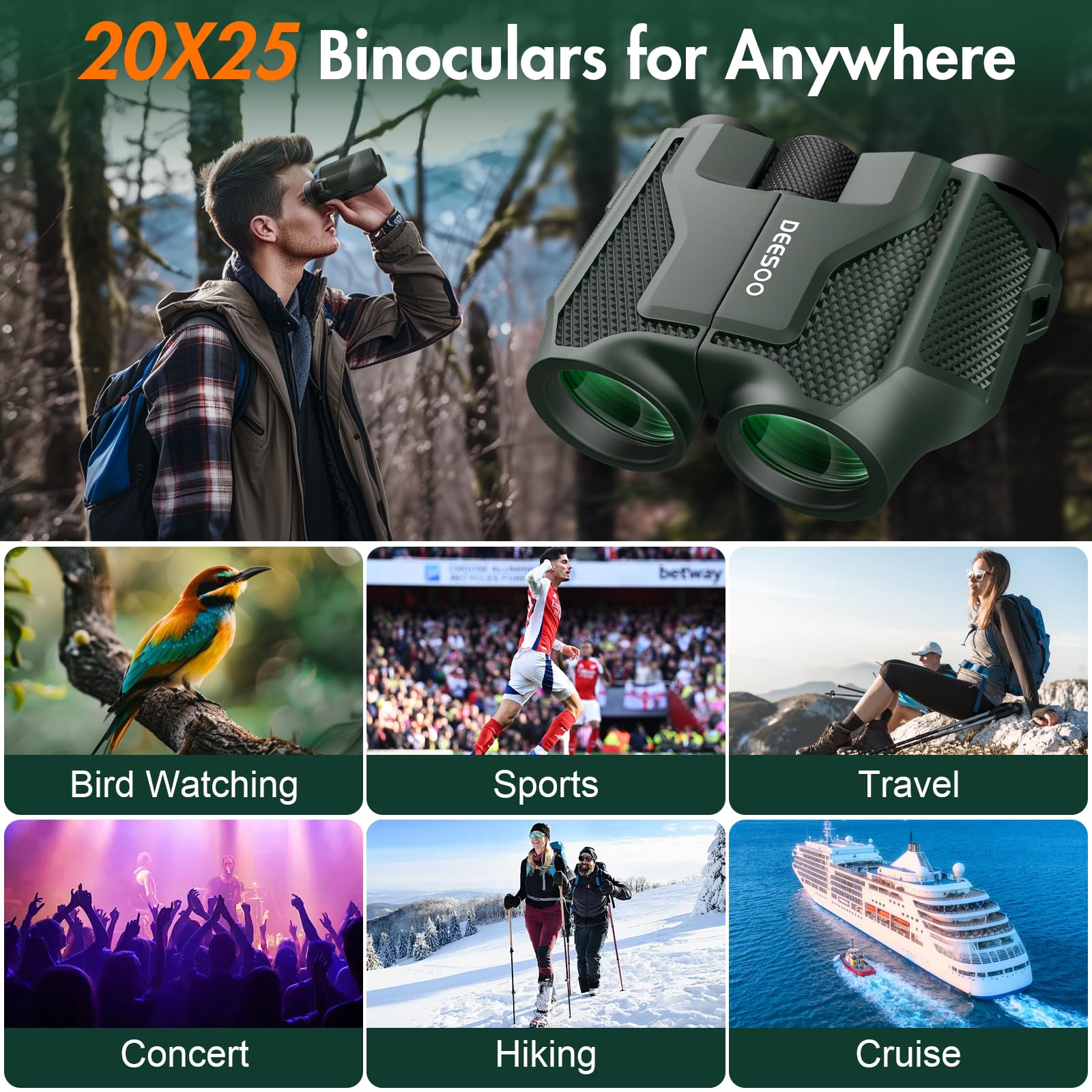 Deesoo Compact Binoculars For Adults And Kids - 20X25 Mini Lightweight High Powered Binocular For Bird Watching - Easy Focus Small Pocket Binoculars For Travel Concert Hunting Hiking