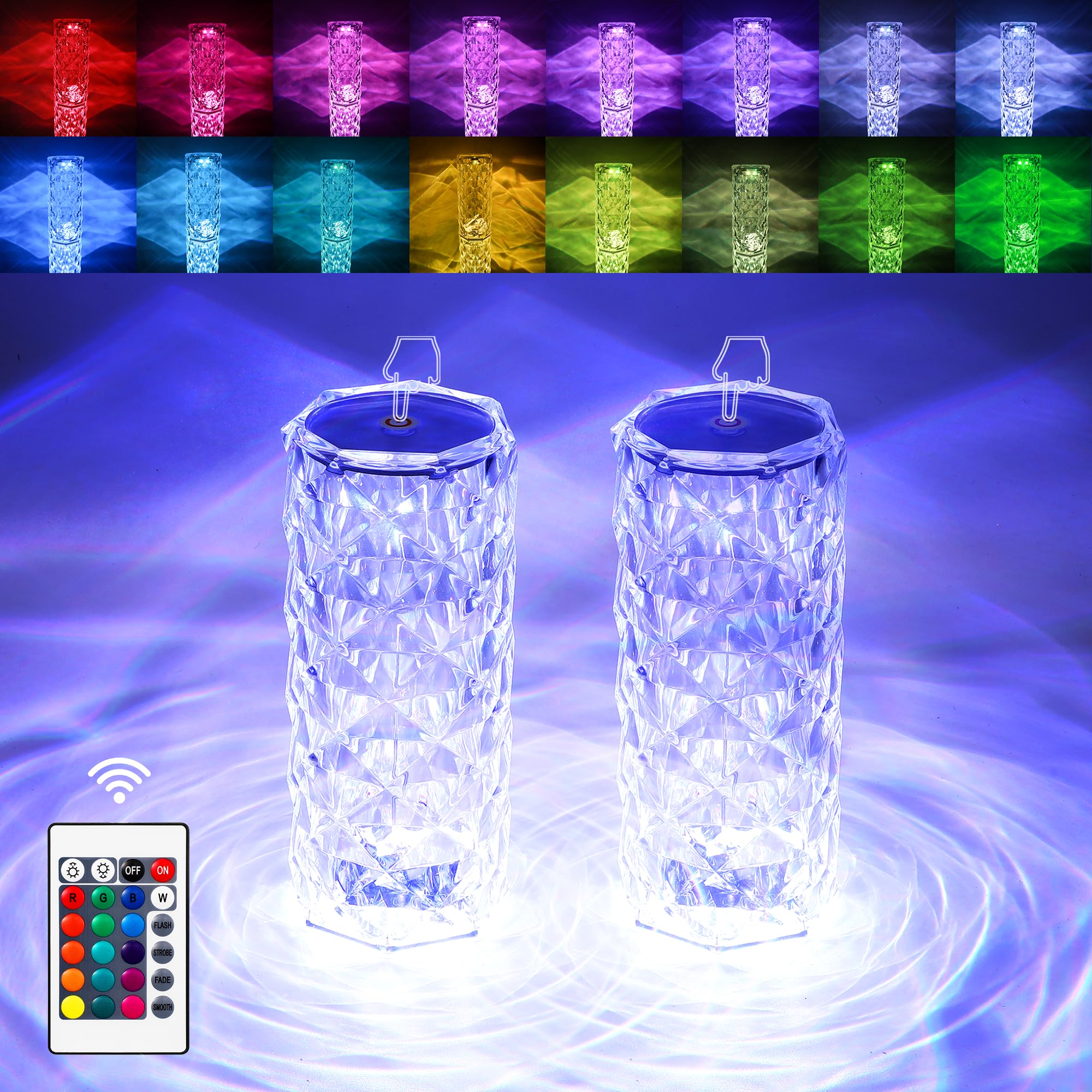Xibulun 2 Pack Crystal Lamp - Touch Control Rose Crystal Lamp Light For Bedroom, 16 Color Dimmable Led Desk Lamp Light, Battery Operated Small Table Lamp For Bedroom With Remote Controller
