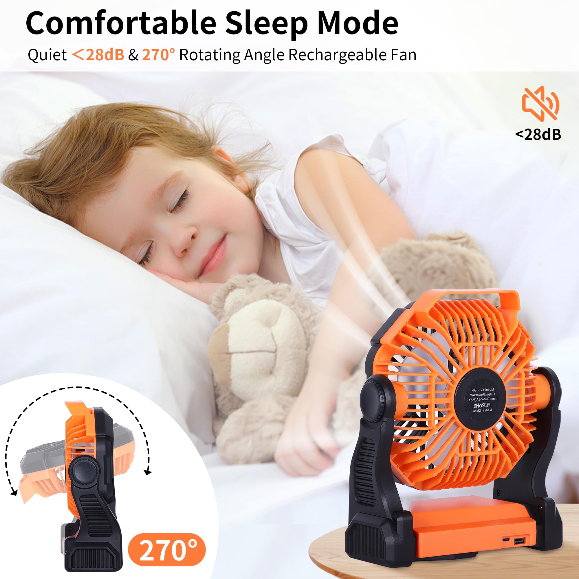 Rechargeable portable battery-powered fan with 270° pivot, perfect for camping and outdoor activities