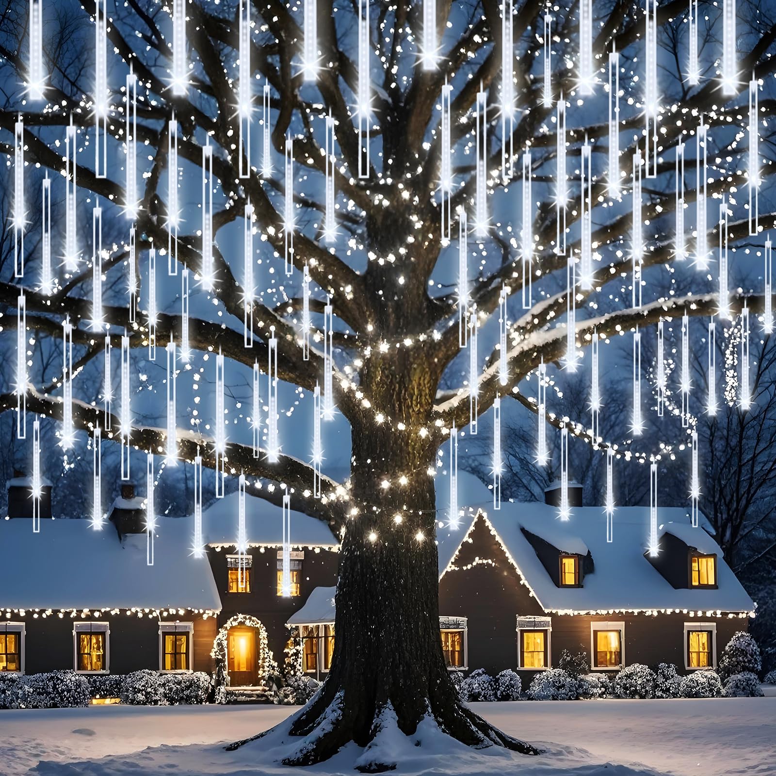 Adecorty Christmas Lights Outdoor, Meteor Shower Lights 8 Tubes 192Led Ul  Snow Falling Rain Cascading Icicle Light For Xmas Tree Christmas Decorations Outdoor Wedding Party Window, White