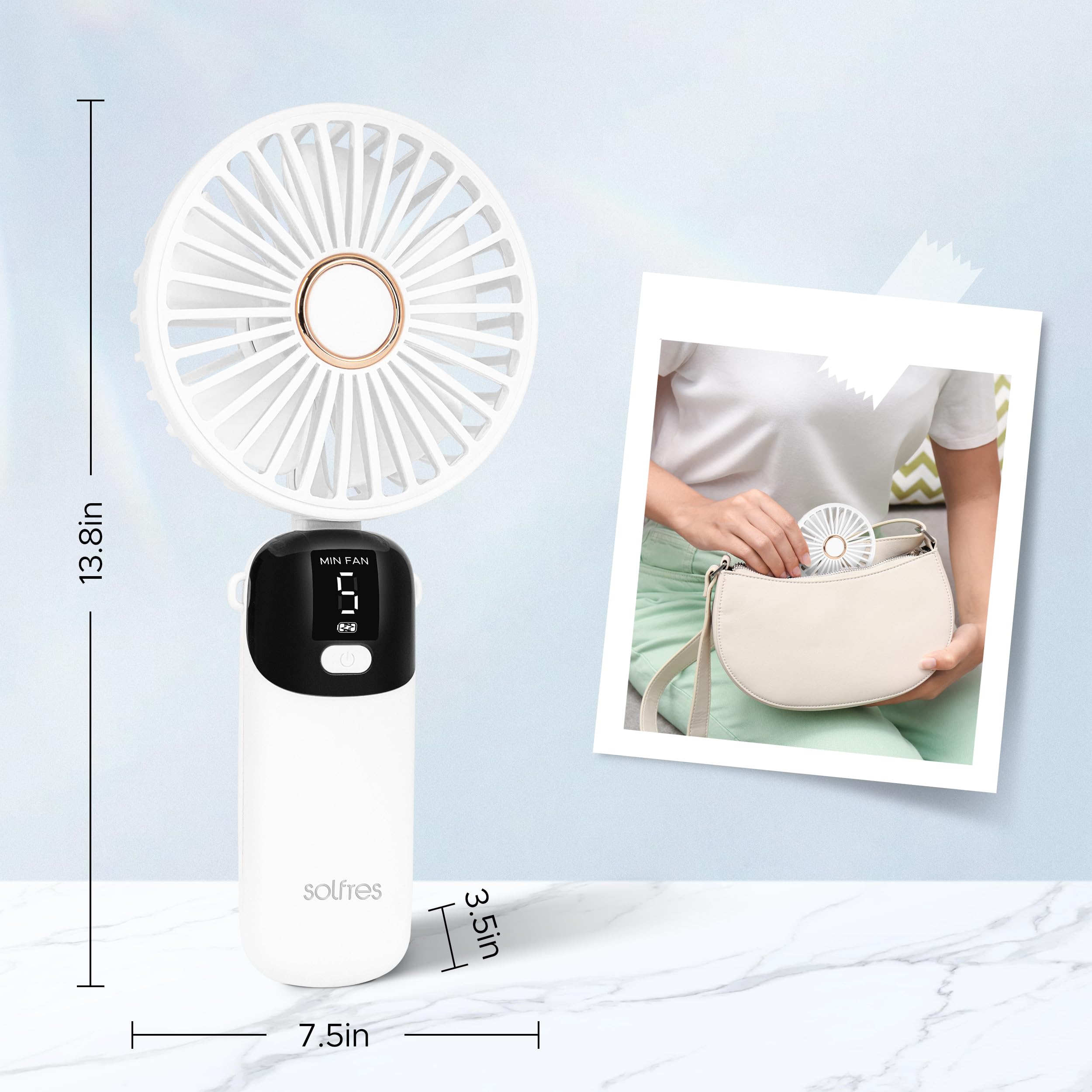 Solfres Portable Mini Handheld Fan, Digital Display, 5 Speeds, 90° Adjustable And Foldable