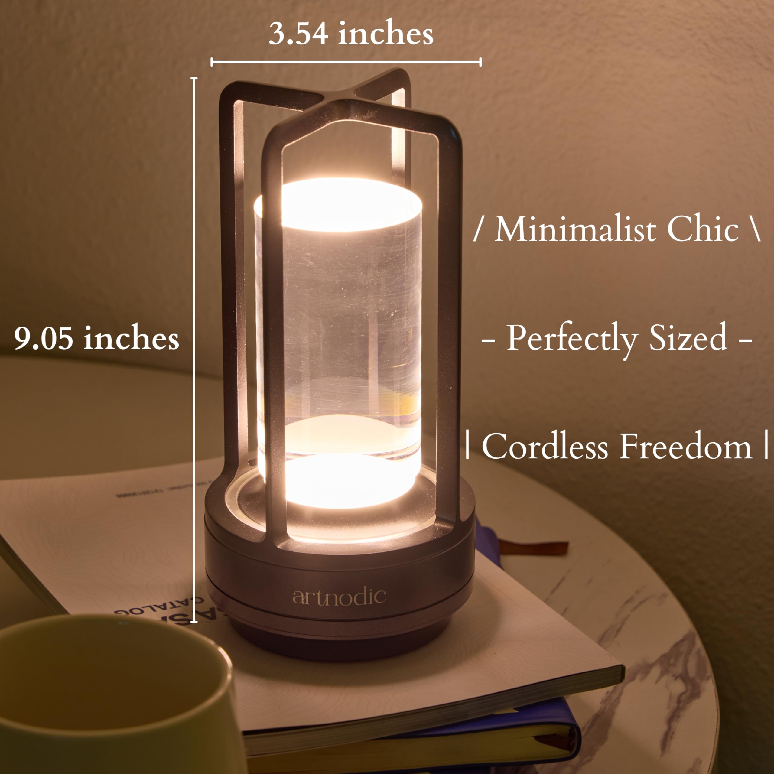 Artnodic Elysian Cordless Rechargeable Battery Operated Table Lamp, 3 Color Modes, Stepless Dimming With Touch, Modern Desk/Bed/Nursery Lamp (Silver)