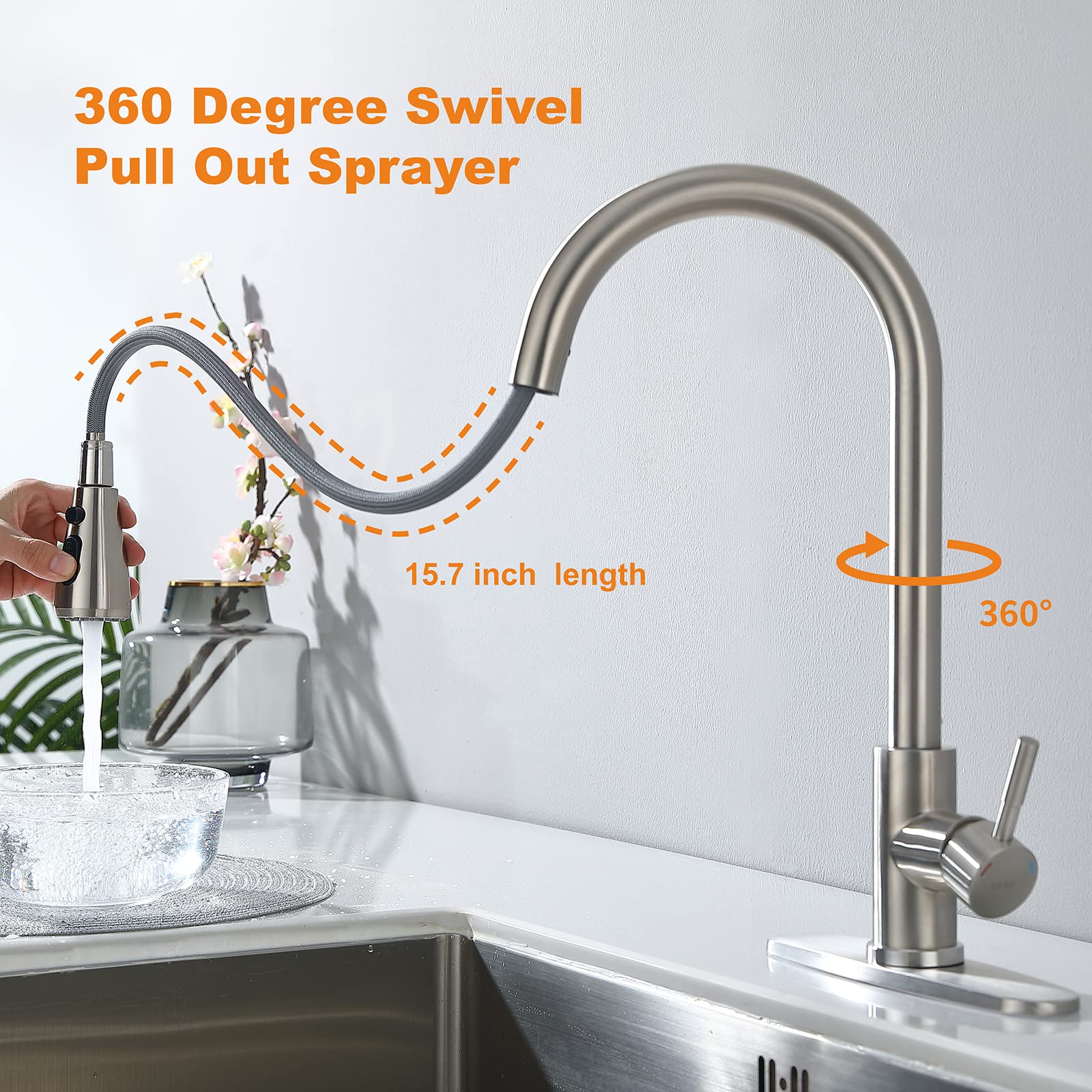 Keer Brush Nickel Pull Down Kitchen Faucet With Soap Dispenser, Single Handle High Arc Stainless Steel Faucet