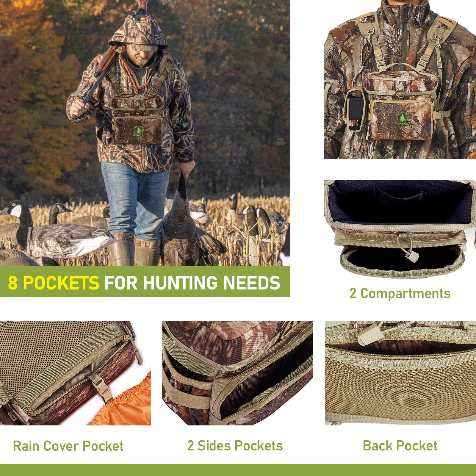 Wild Cedar Binocular Harness Chest Pack With Rangefinder Pouch, Bino Harness With Rain Cover For Hunting