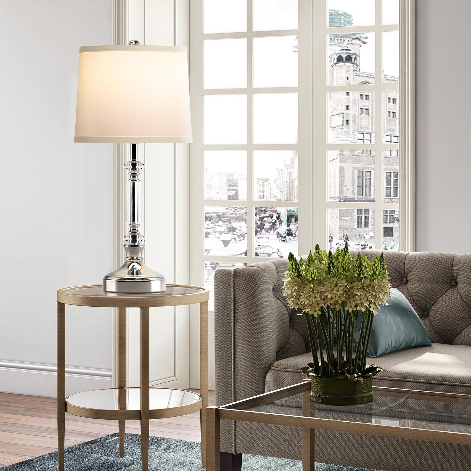 Spclsim Crystal Table Lamps For Bedroom Set Of 2, 23.4" Modern Buffet Living Room End Table Lamps With Glossy Silver Metal Base, White Shade Bedside Nightstand Lamps