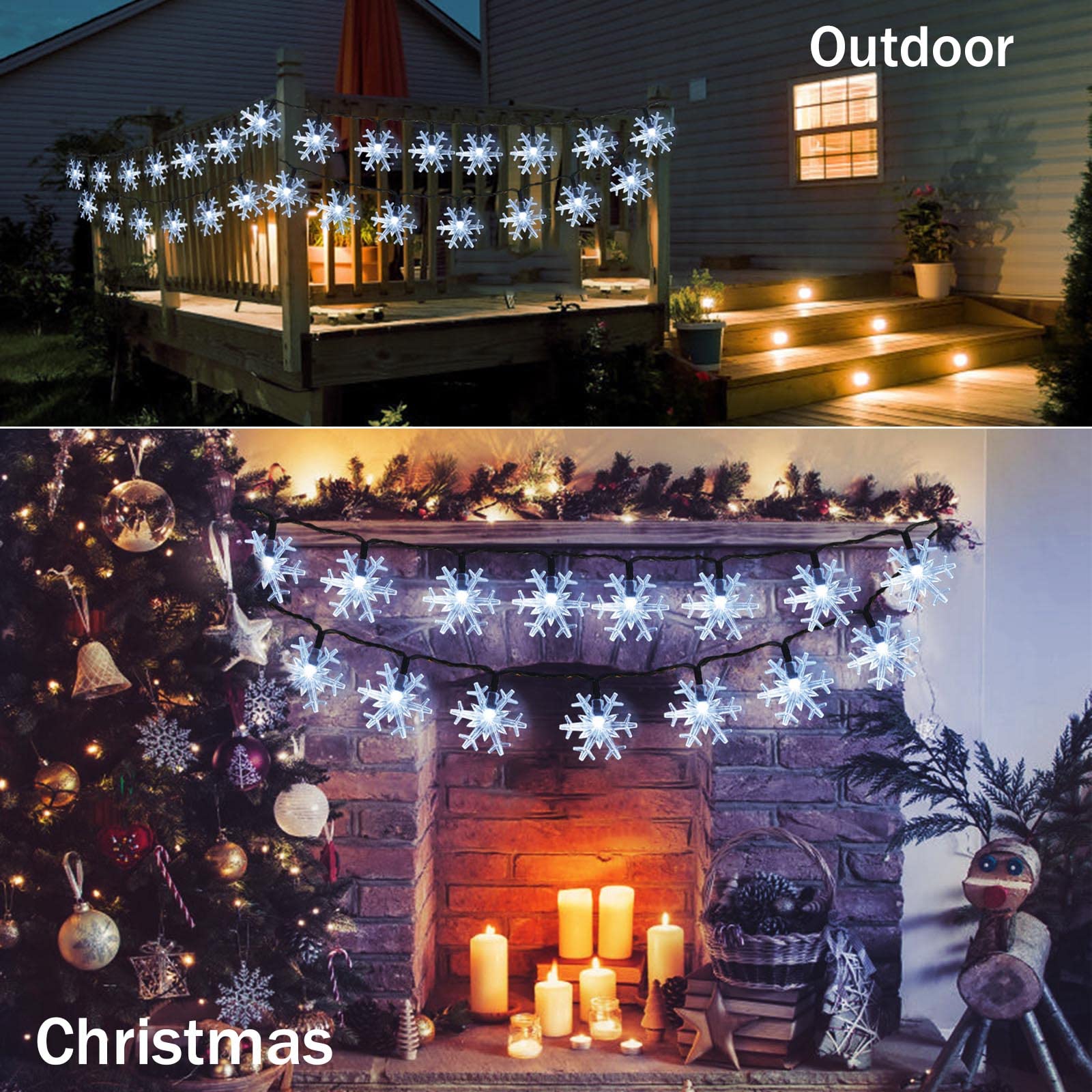 Janchs 55Ft 100 Led Solar Christmas Lights Outdoor Decorations, 8 Modes Waterproof Led Snowflake String Lights For Outside Wedding Party Porch Deck Christmas Tree, Garlands, Wreath Decor, Cool White