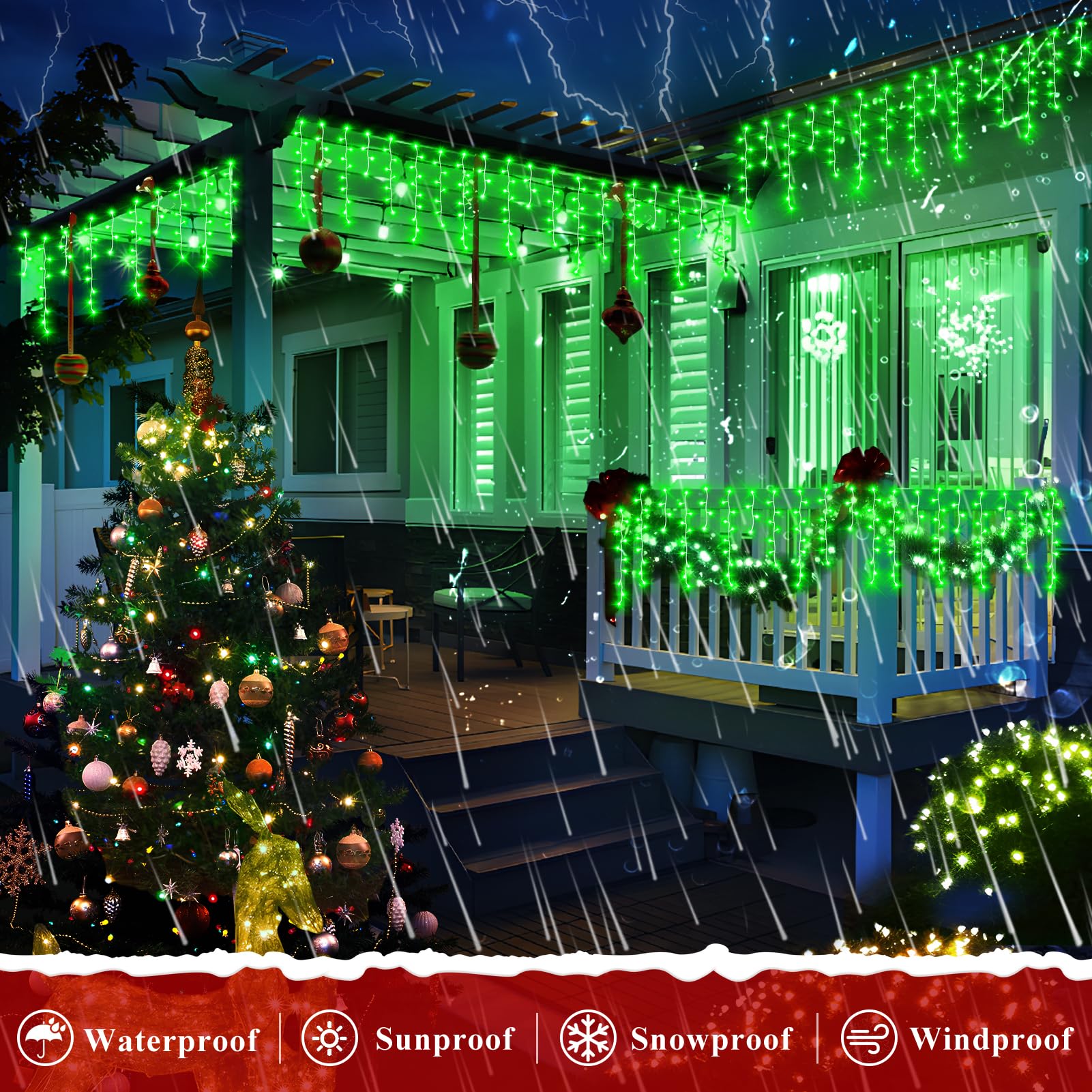 Xurisen 66Ft Christmas Lights Decorations Outdoor, 640 Led 8 Modes Curtain Fairy Lights With 120 Drops,Plug In Waterproof Timer Memory Function For Christmas Holiday Wedding Party Decor(Green)