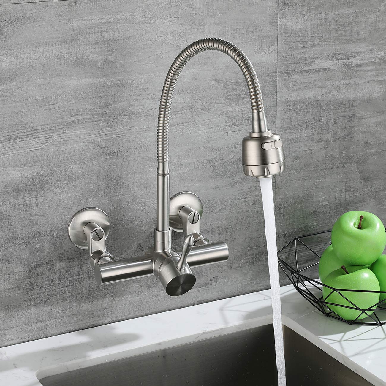 Wazzj Wazzj-Kitchen Wall Faucet Brushed Nickel Wall Mounted Faucet 3" To 9" Adjustable Spread