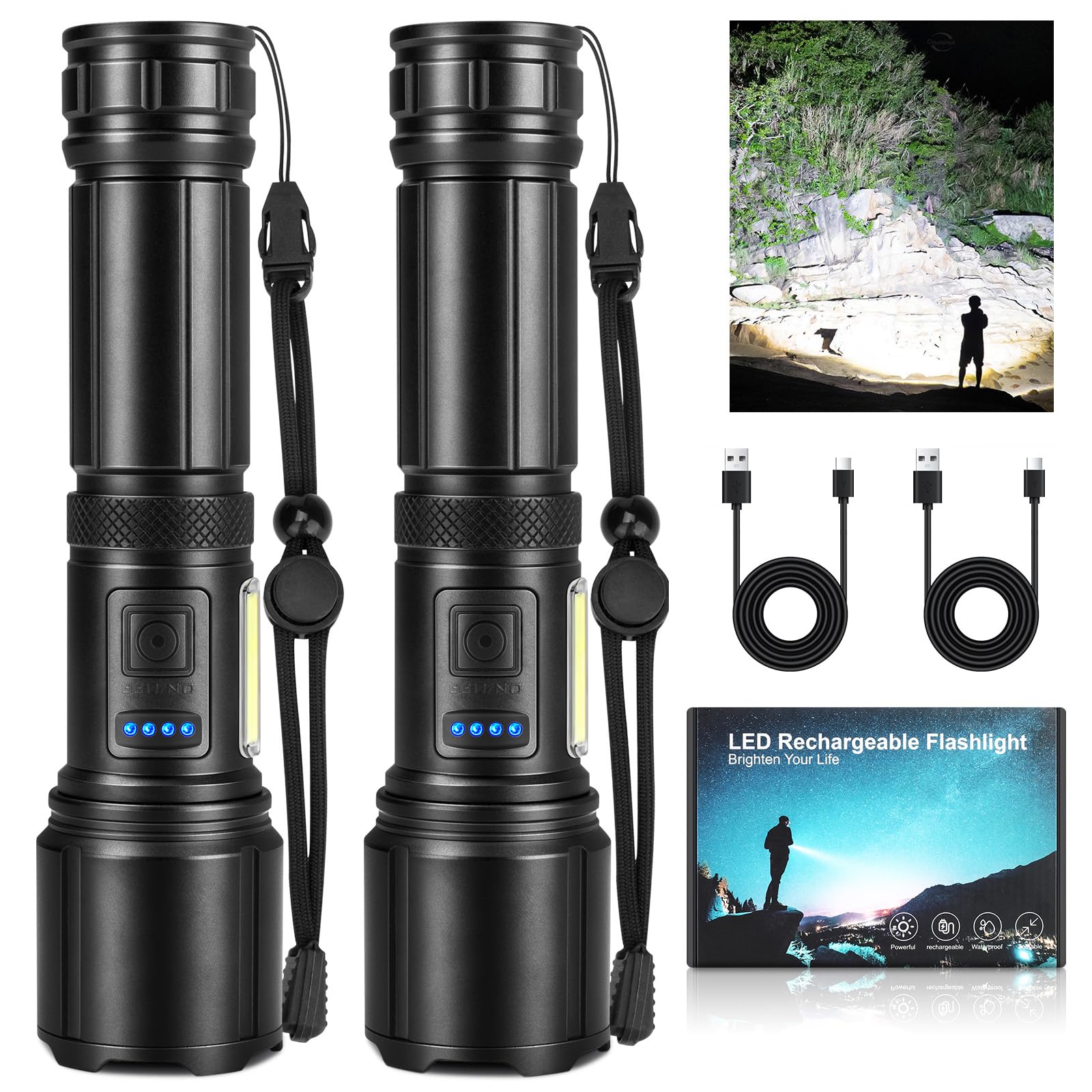 Auraseason 2 Pack Rechargeable Led Flashlights High Lumens, 990,000Lm Super Bright Flashlight, Adjustable Powerful Flash Light With 7 Modes & Cob Light, Ipx7 Waterproof Handheld Flashlight For Home Camping