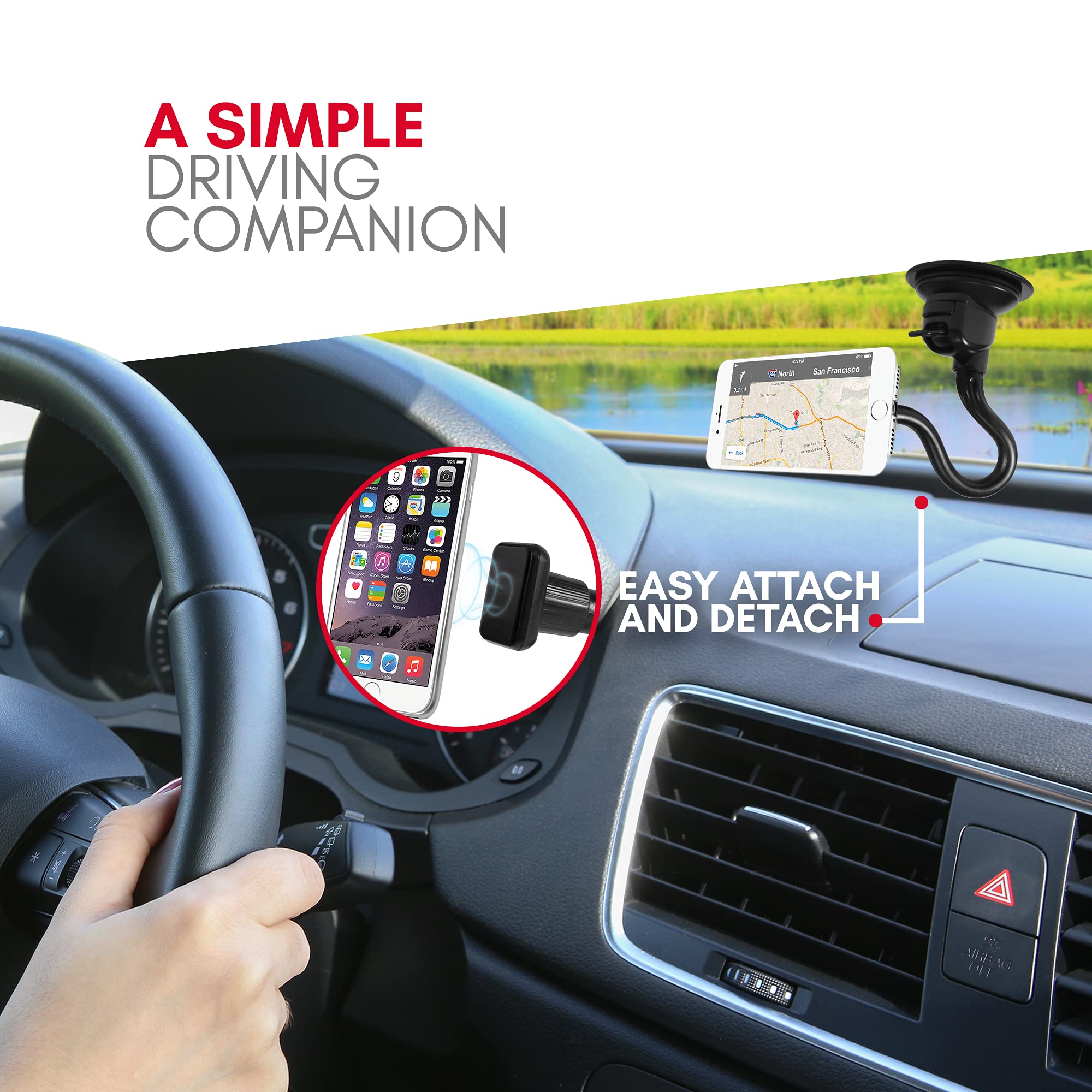 Macally Windshield Phone Mount For Car Magnetic - Suction Cup Window Mount Phone Holder With 8" Long Gooseneck Arm & Super Strong Magnet Mount For Smartphone And Iphone
