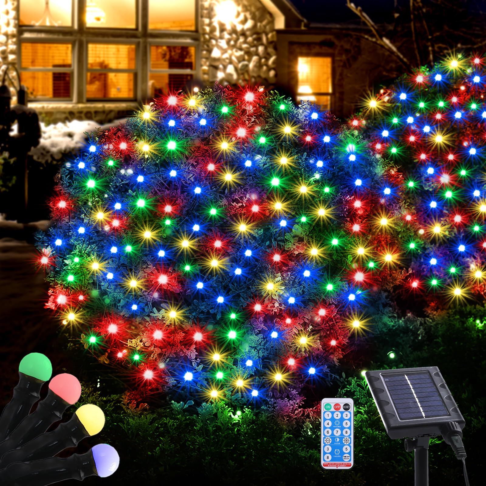 Wabarle Solar Christmas Lights Outdoor Waterproof, 100Led 5Ftx5Ft Net Lights Outdoor Mesh Lights With Remote, 8 Modes Connectable Net Christmas Lights For Bushes Outdoor Christmas Decorations(Multicolored)