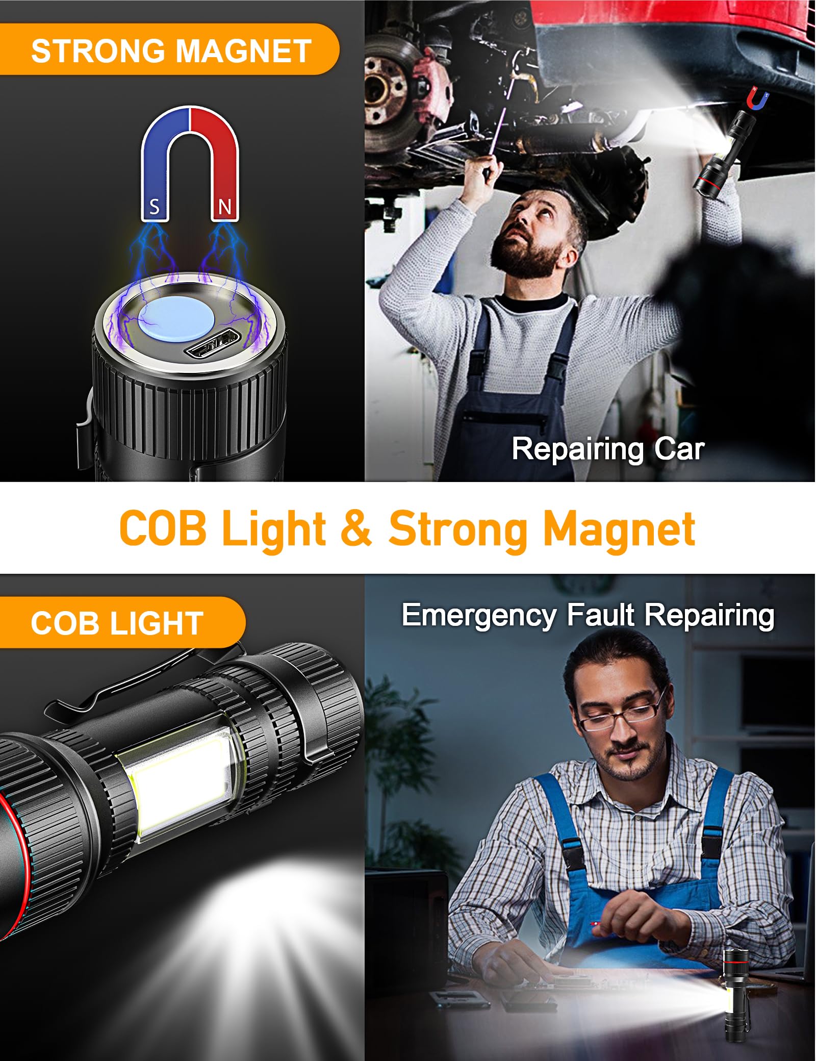 Plusinto Led Flashlight 1500 Lumens 2 Packs, Usb Rechargeable Torch Super Bright, Magnet And Clip, Cob Work Light, 3 Modes, Adjustable Focus Handheld Flashlight For Home, Dog Walking, Emergency