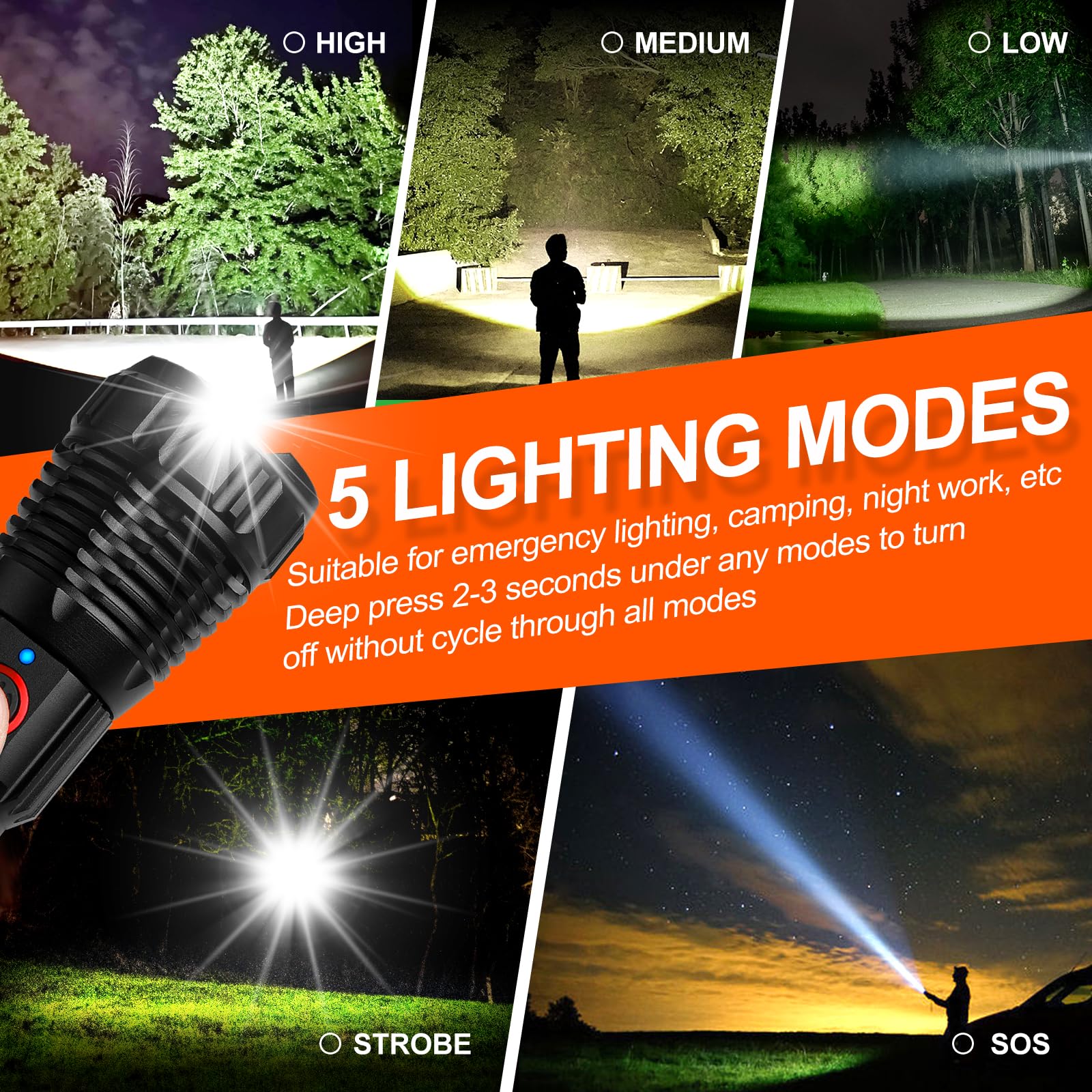 Grace Marci Super Bright Rechargeable Flashlights, High Lumen 500000 Lumens, Led Flashlight With 5 Modes, Ip55 Waterproof, Powerful Handheld Light For Camping, Hiking, Emergency
