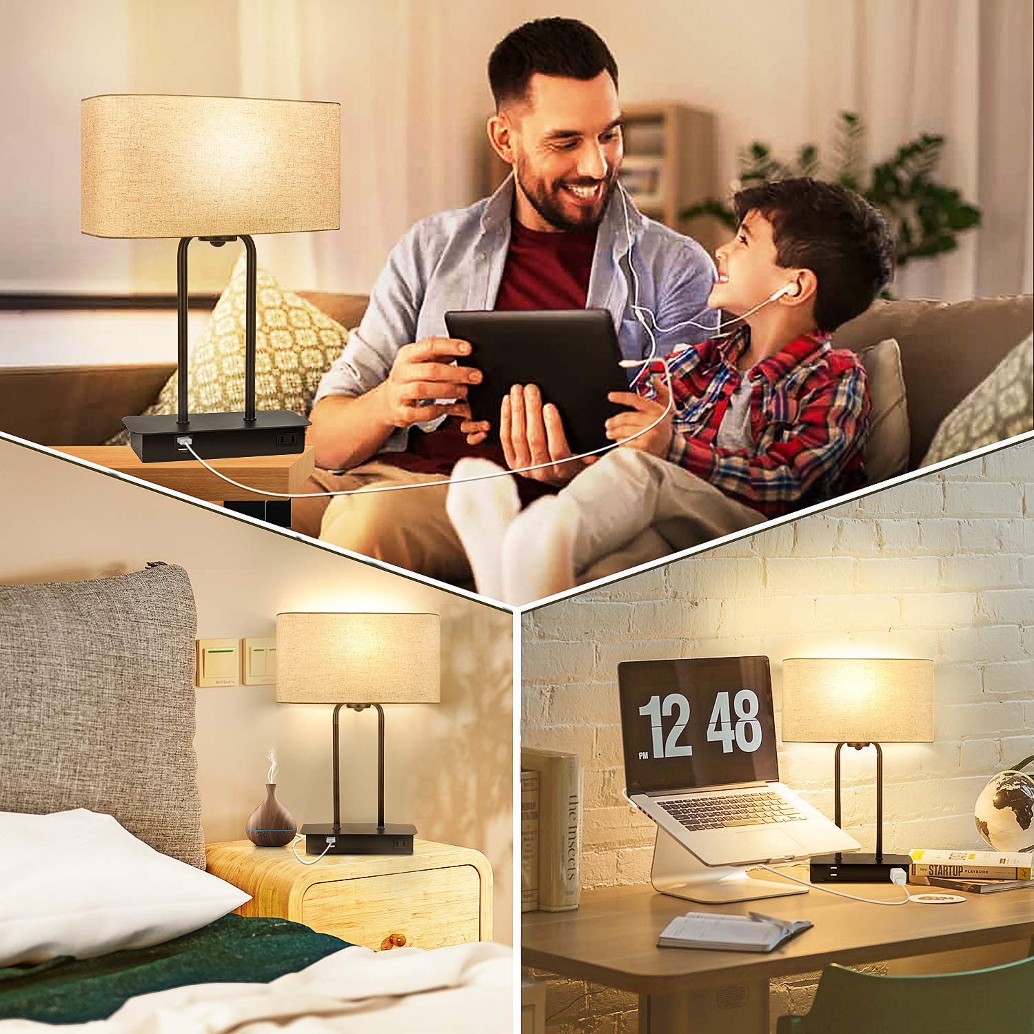Beslowe 3-Way Dimmable Touch Control Table Lamp With 2 Usb Ports And Ac Power Outlet Modern Bedside Nightstand Lamp Fabric Shade And Metal Base For Guestroom Bedroom Living Room Led Bulb Included Warm White