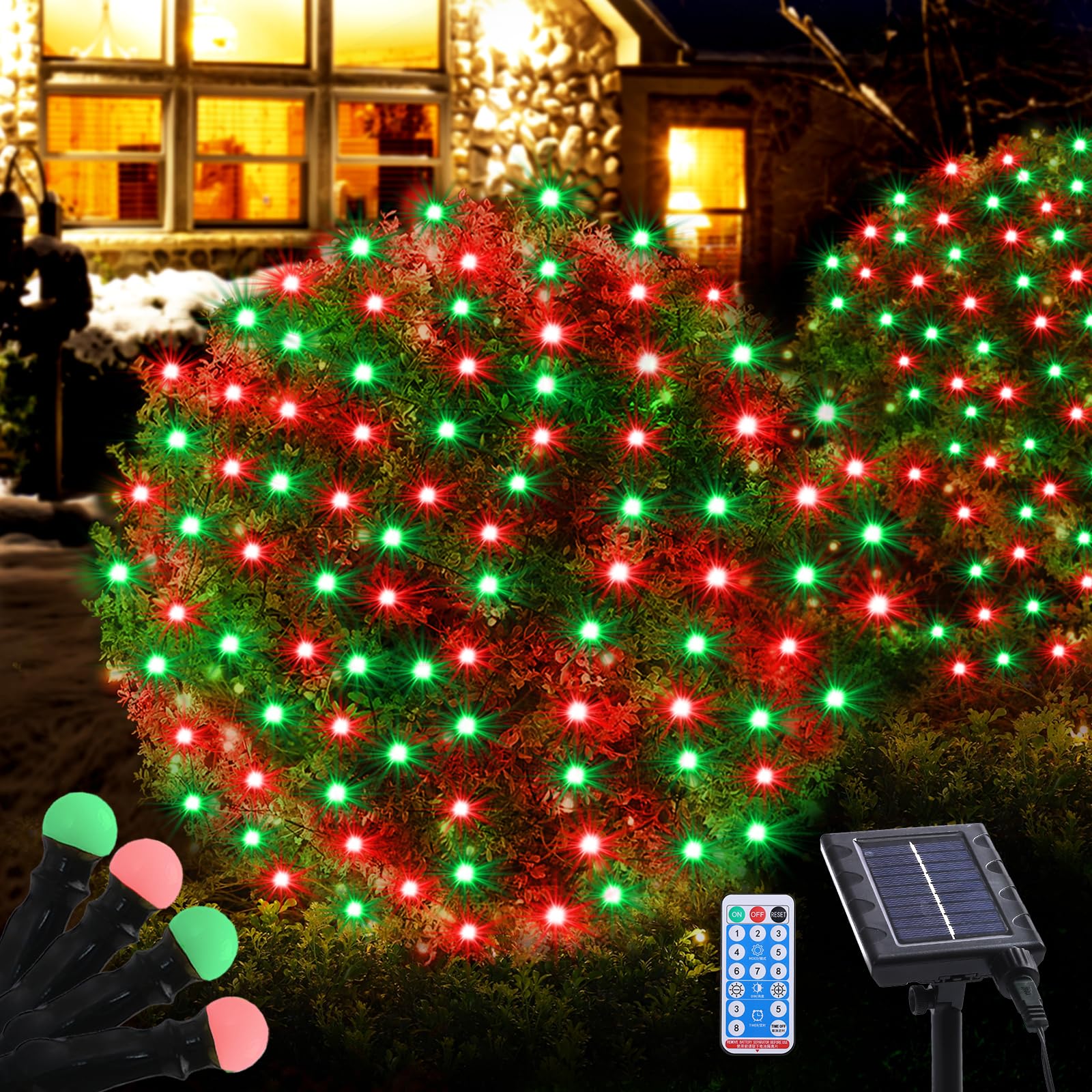 Wabarle Solar Christmas Lights Outdoor Waterproof, 100Led 5Ftx5Ft Net Lights Outdoor Mesh Lights With Remote, 8 Modes Connectable Net Christmas Lights For Bushes Outdoor Christmas Decorations(Red And Green)