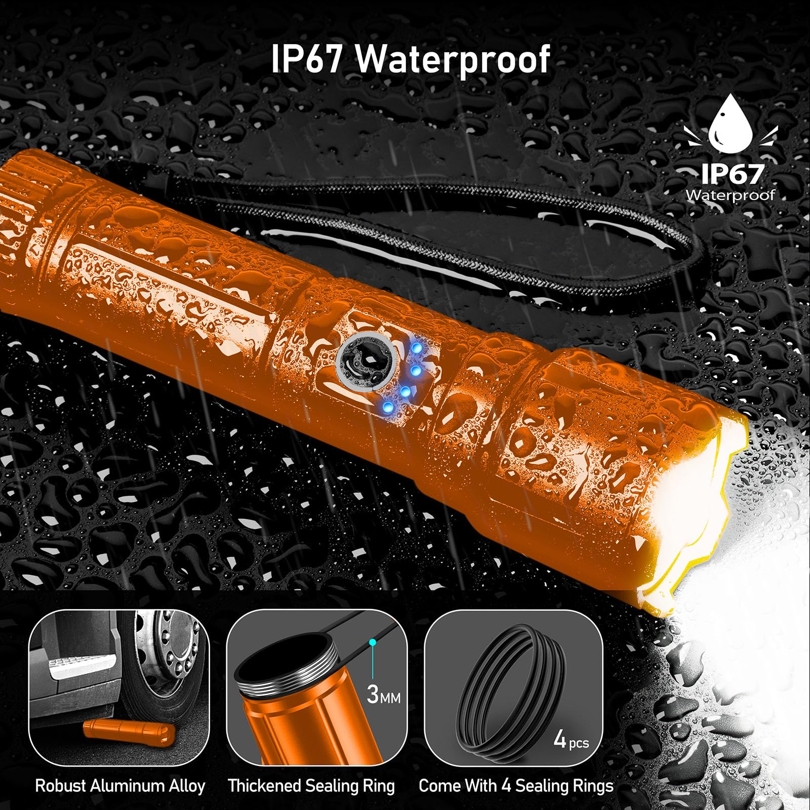 Blukar Flashlight Rechargeable, Super Bright Flashlights - Zoomable, 5 Light Modes, Ip67 Waterproof, Powerful Long Lasting Handheld Flash Light For Emergencies-Orange