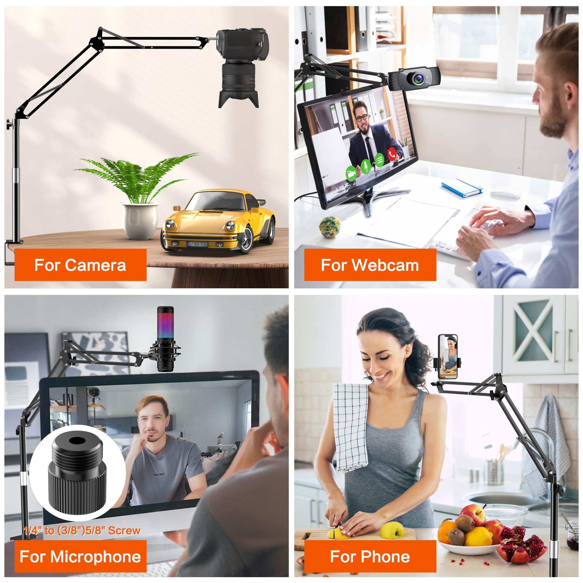 Taisioner Overhead Camera Mount Desk Stand,Thick Desktop Clip,Scalable Desktop Pole,Locking Function,Adjustable Flexible Camera Arm,Tabletop Mount For Dslr Camera/Webcam/Microphone/Lights
