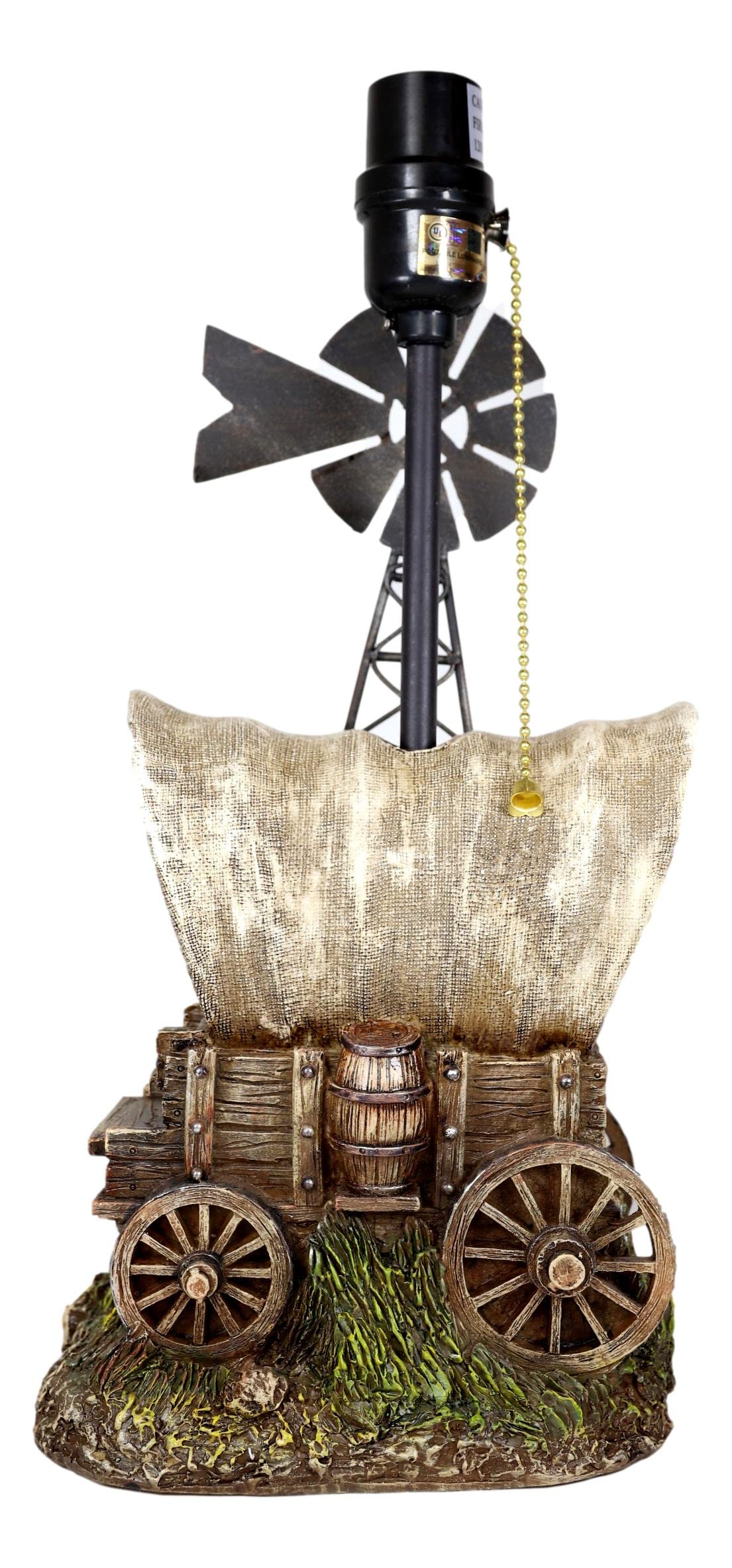 Ebros Gift Country Western Rustic Old Fashioned Covered Cargo Carriage Wagon Train With Farm Windmill Hand Painted Resin Desktop Table Lamp With Brown Faux Leather Laced Shade Home Decor Accent