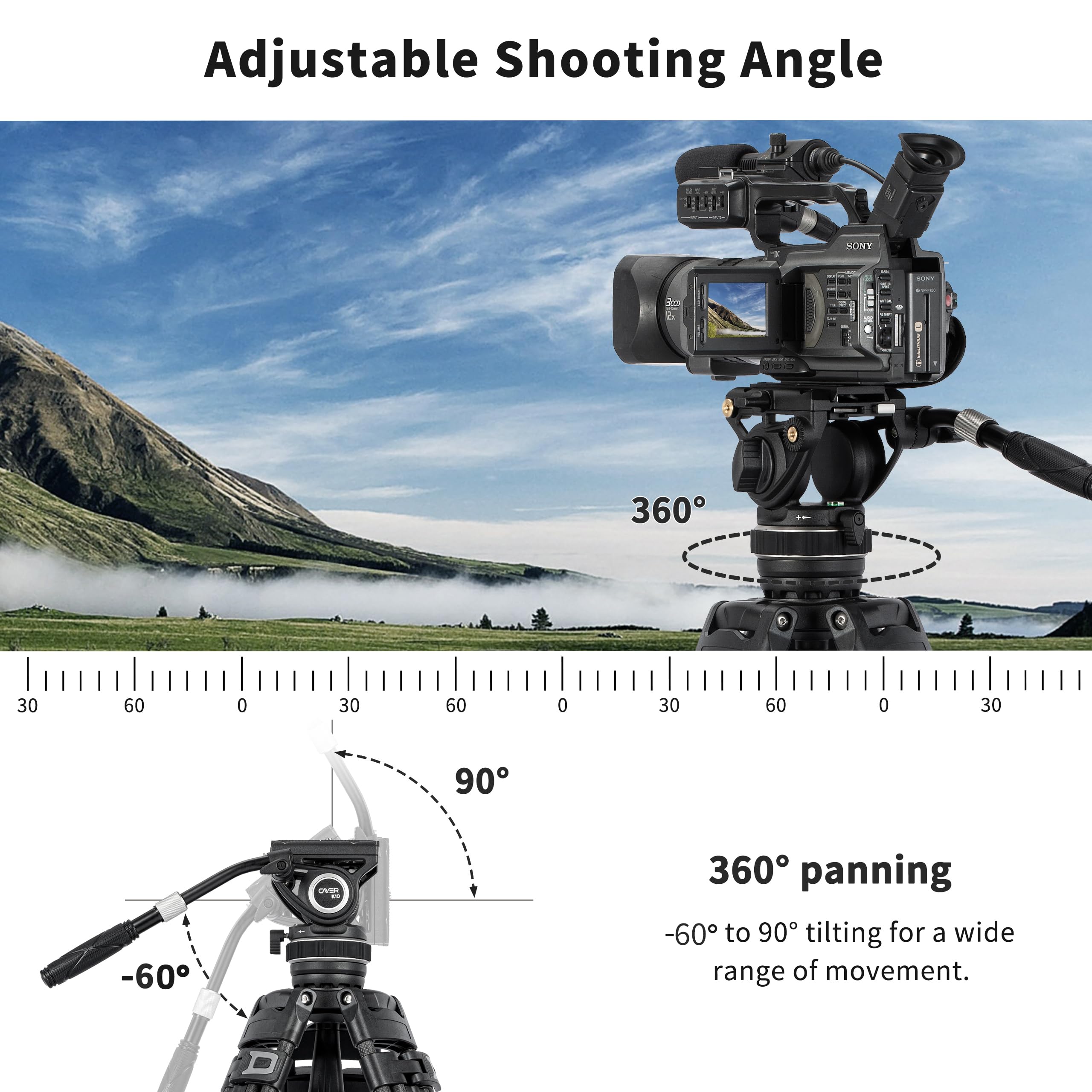 Cayer K10 Pro Video Fluid Head With 75Mm Flat Base, Adjustable Pan Drag And Telescopic Handle, Heavy Duty Tripod Fluid Head For For Dslr Cameras, Camcorders, Max Load 22 Lb/10 Kg
