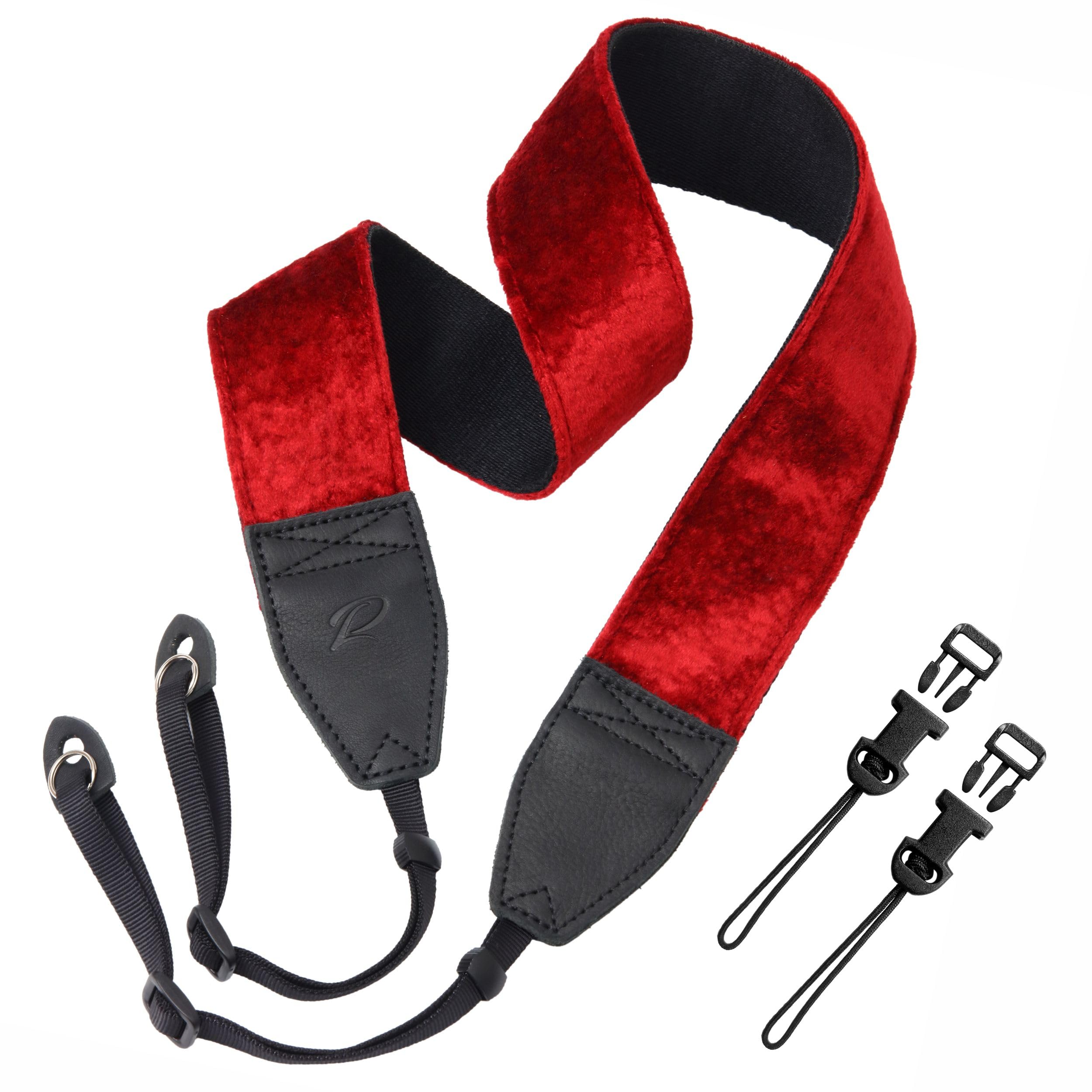 Padwa Lifestyle Velvet Camera Strap - 2" Wide Full Grain Cowhide Head Soft Velvet Straps For Photographers,Complimentary 2 Pcs Quick Release For All Dslr,Slr,Mirrorless Cameras,Binoculars - Ruby Red