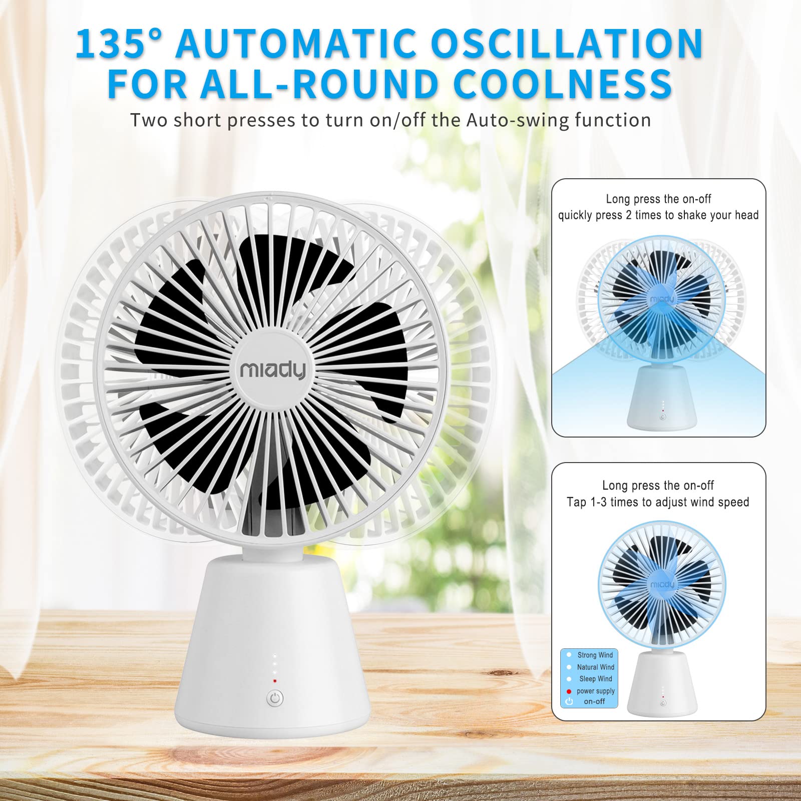 Miady Usb Desk Fan, 5000Mah Portable Desktop Fan 135°Auto-Oscillating 3 Speeds Mini Cooling