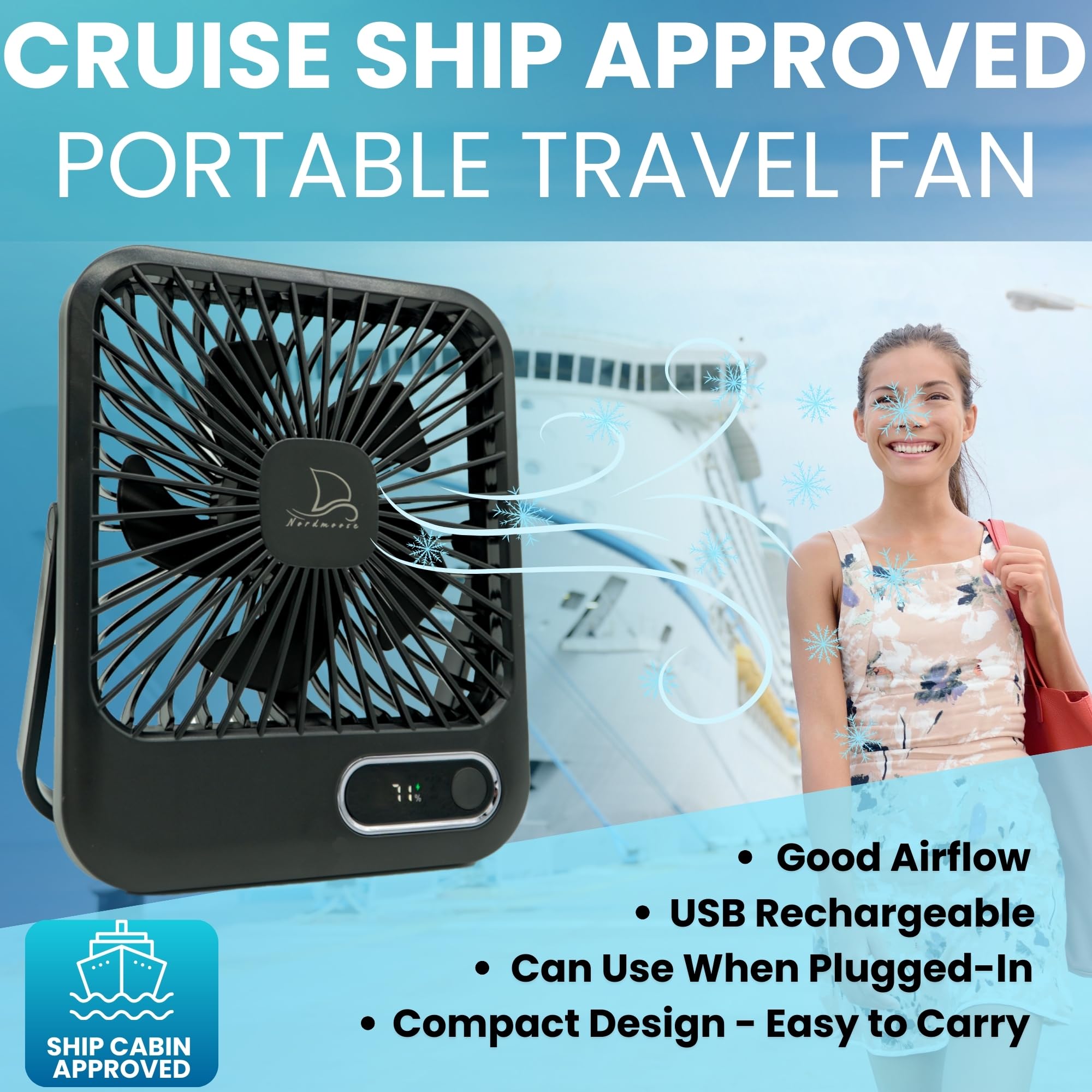 Cruise Fan Cabin Approved - Magnetic Hook Included To Hang On Walls - Portable Usb Rechargeable