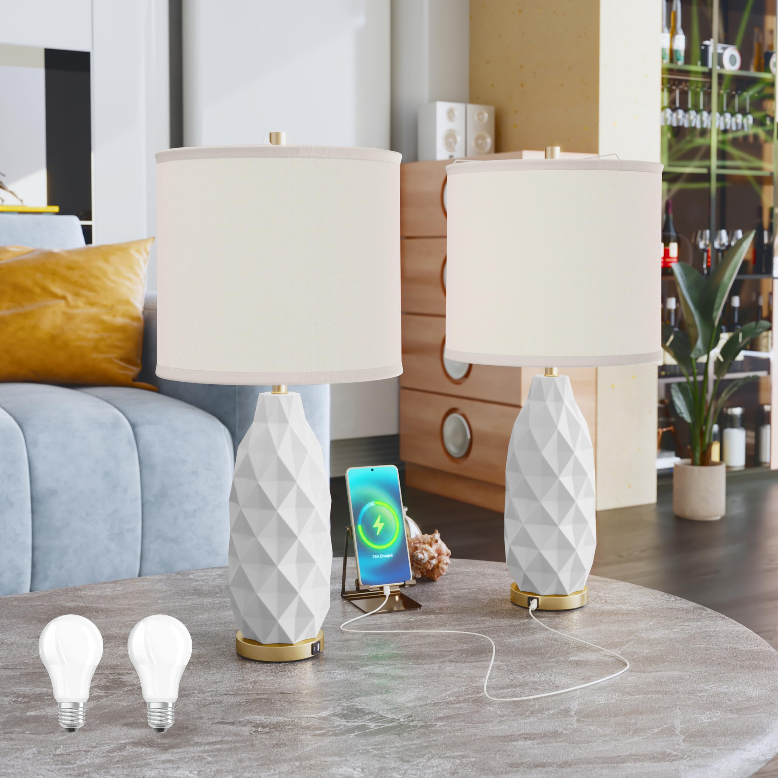 Mrojisc Table Lamps Set Of 2 With 2 Led Bulbs & Usb Charging Port, Bedside Lamps For Night Stands, 3-Way Dimmable Modern Side Table Lamp Set, Desk Lamp For Living Room, Bedroom, Entryway, Prism, White