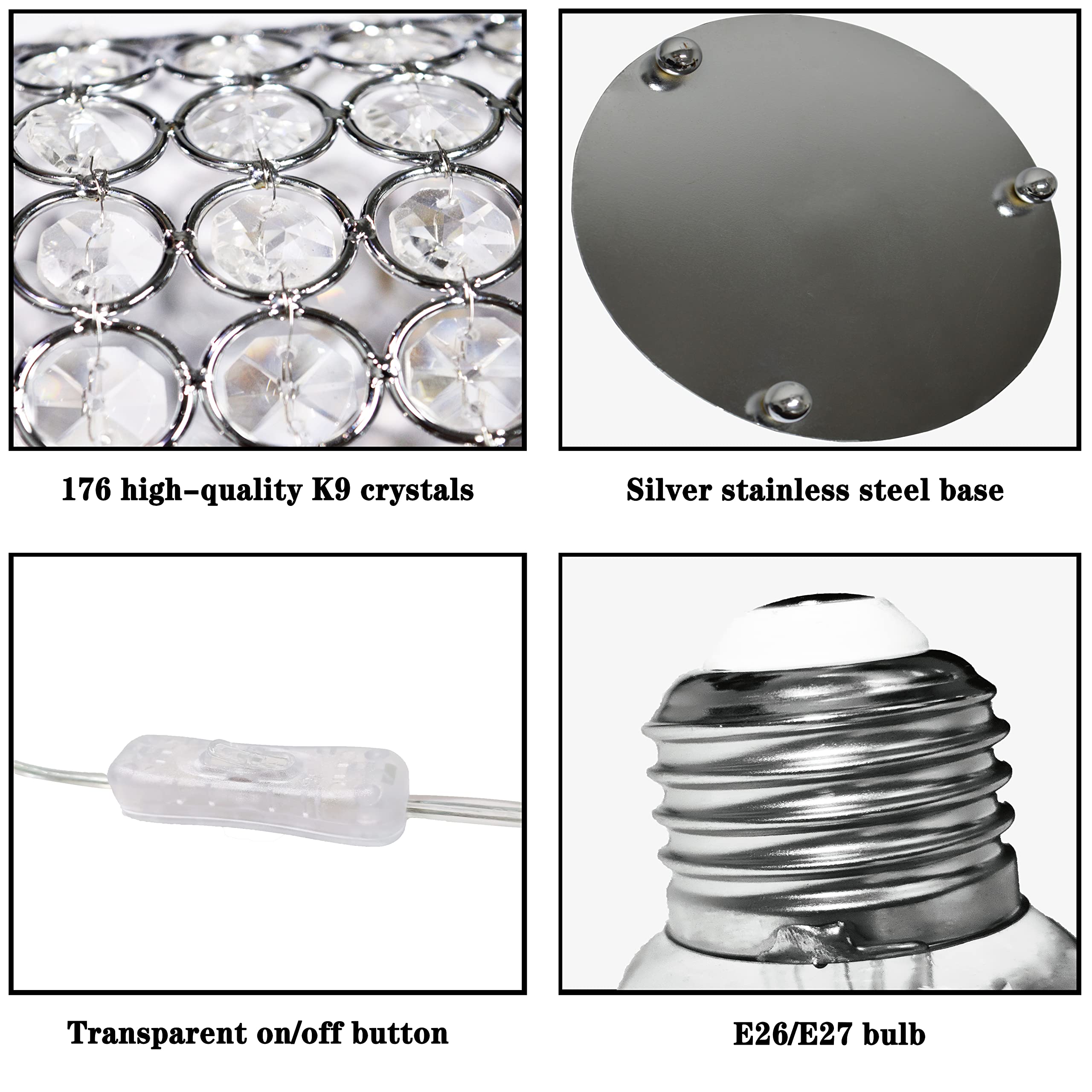 Floodoor Crystal Lamp, Silver Lampshade K9 Crystal Table Lamp, Modern Style Decorative Bedside Table Lamp, Suitable For Bedroom, Bedside, Living Room, Bookcase (With Plug)