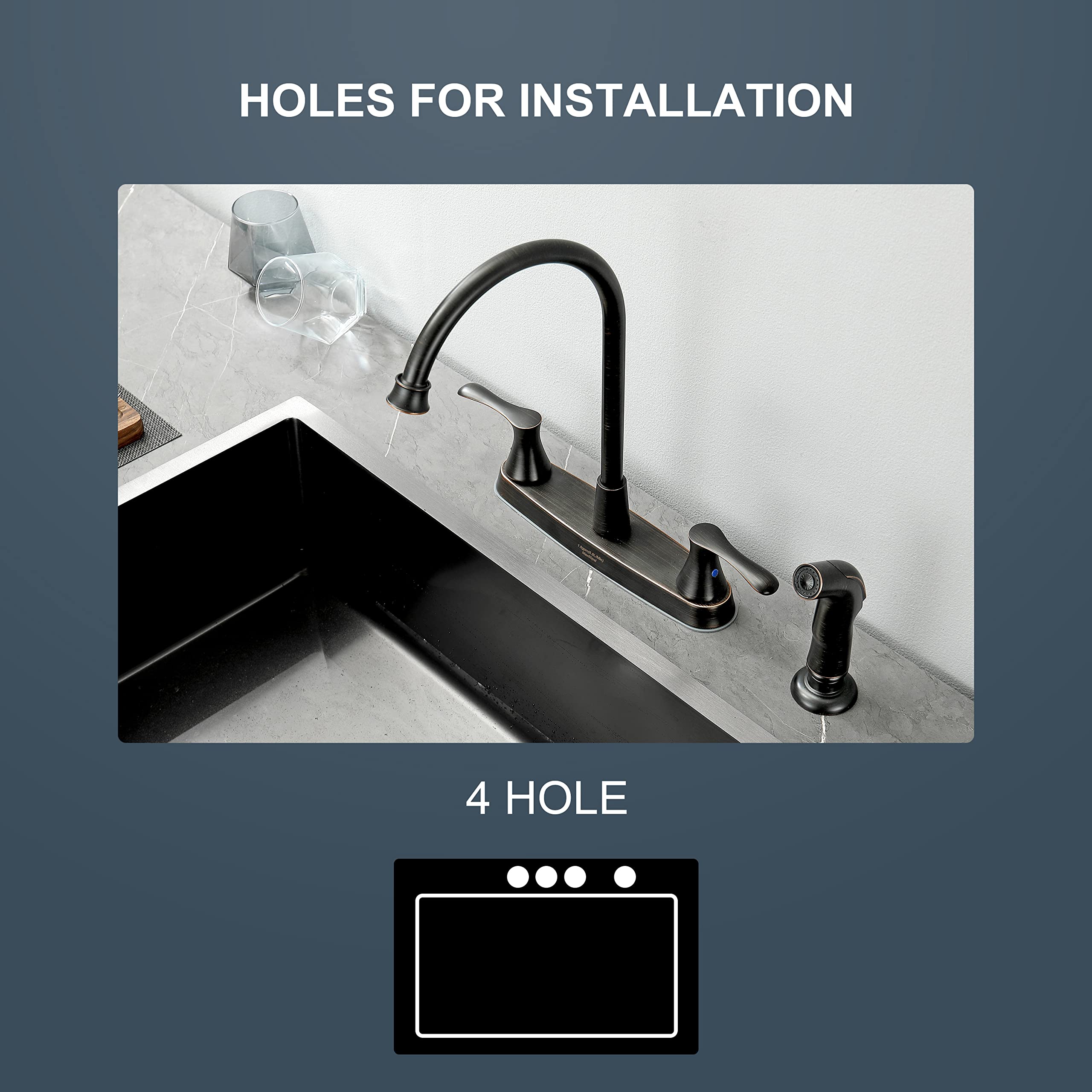 Kirlystone Oil-Rubbed-Bronze Kitchen Faucet With Side Sprayer, Bronze 2-Handle Faucet For 4 Holes Kitchen Sink