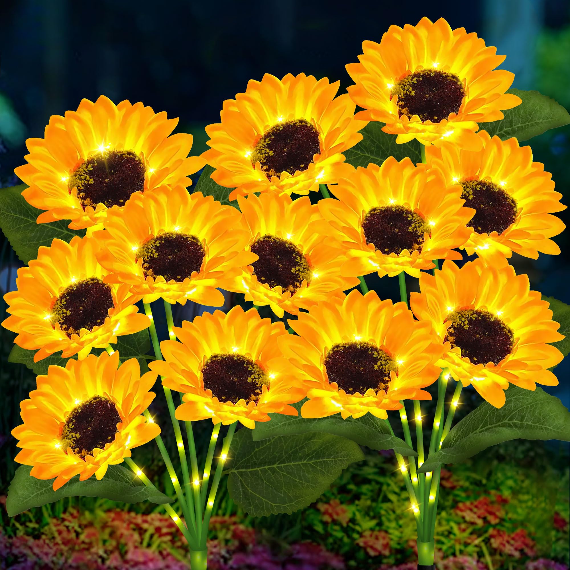 Yulloyello 2 Pack With 12 Solar Sunflower Garden Lights Warm White Led Outdoor Decorative Stake Lights For Yard, Patio, Lawn, Pathway, Ip65 Waterproof, Ideal Gift For Women, Mom, Grandma, Friends