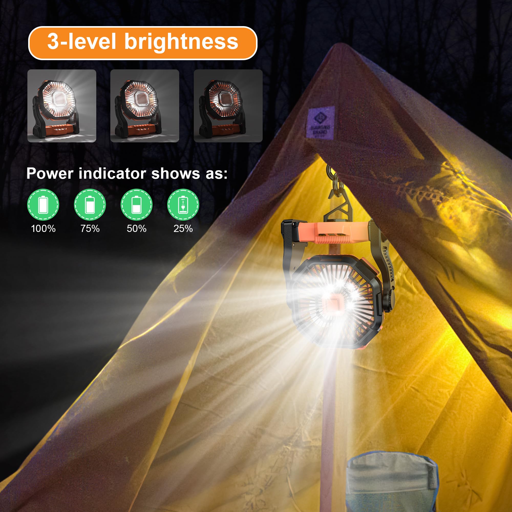 Battery-operated camping fan, 12000mAh rechargeable power with light, perfect for cooling and lighting outdoors