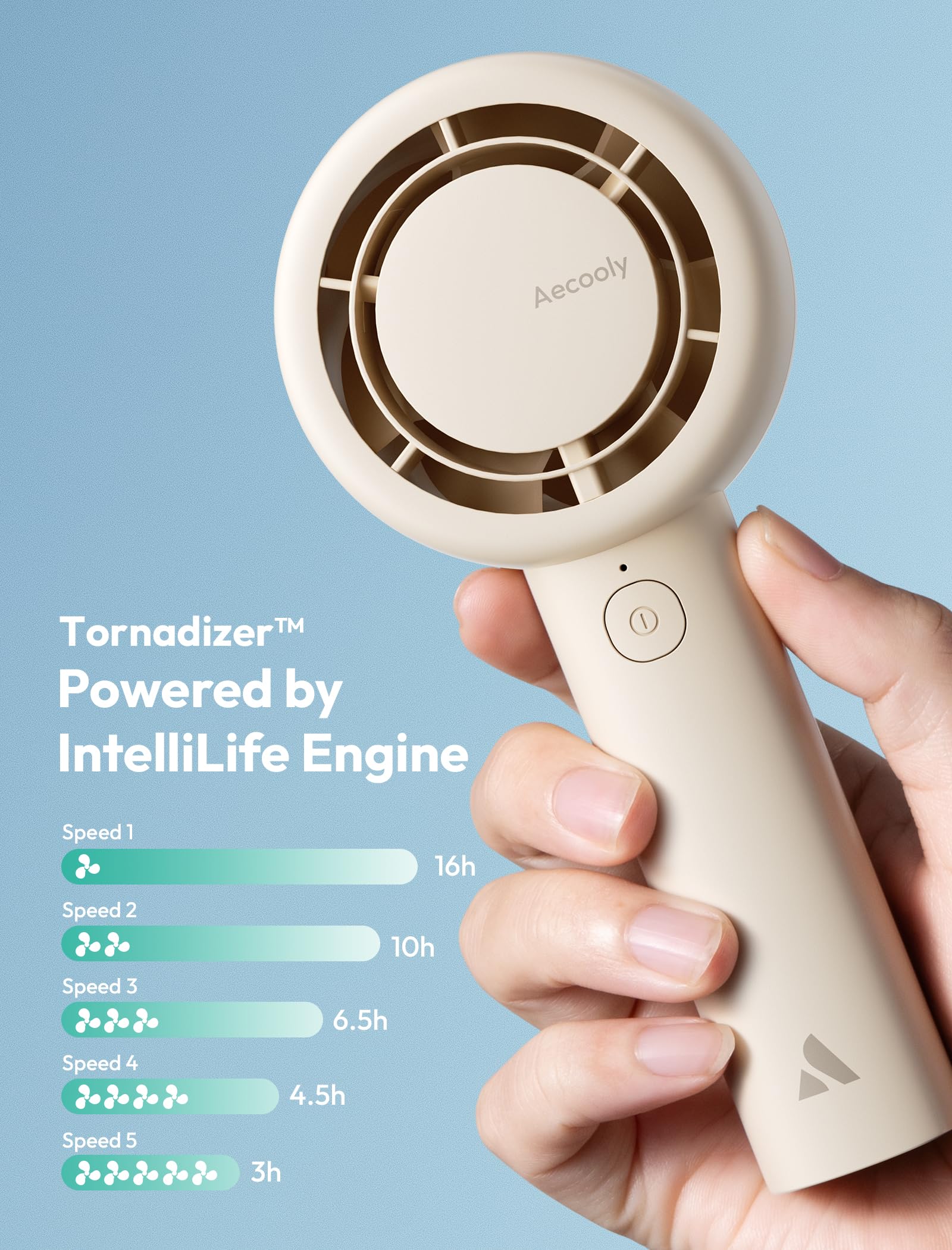 Aecooly 5-speed handheld fan with 16-hour cooling time, portable, USB rechargeable for all-day use