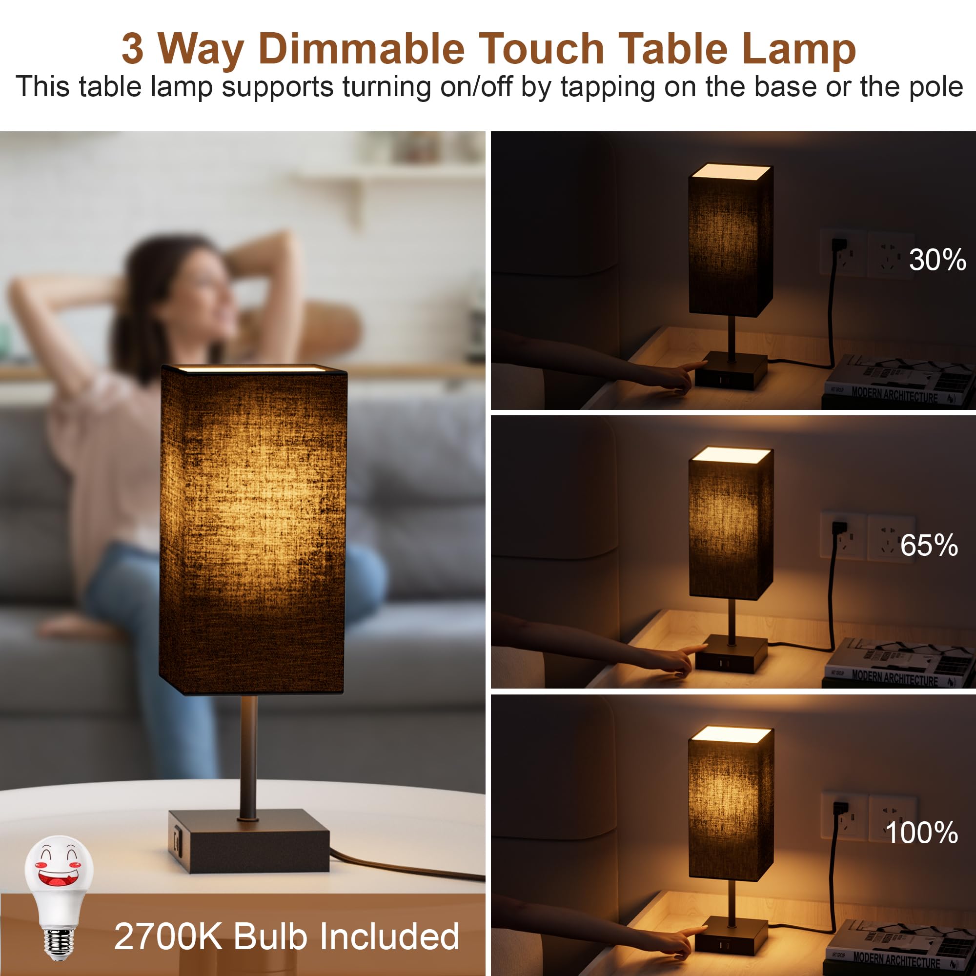 Sailstar Table Lamp For Bedroom, 3 Way Dimmable Touch Bedside Lamp, Small Lamp With 2 Usb C+A Charging Ports, Black Nightstand Lamps For End Table, Living Room, Desk, Bulb Included