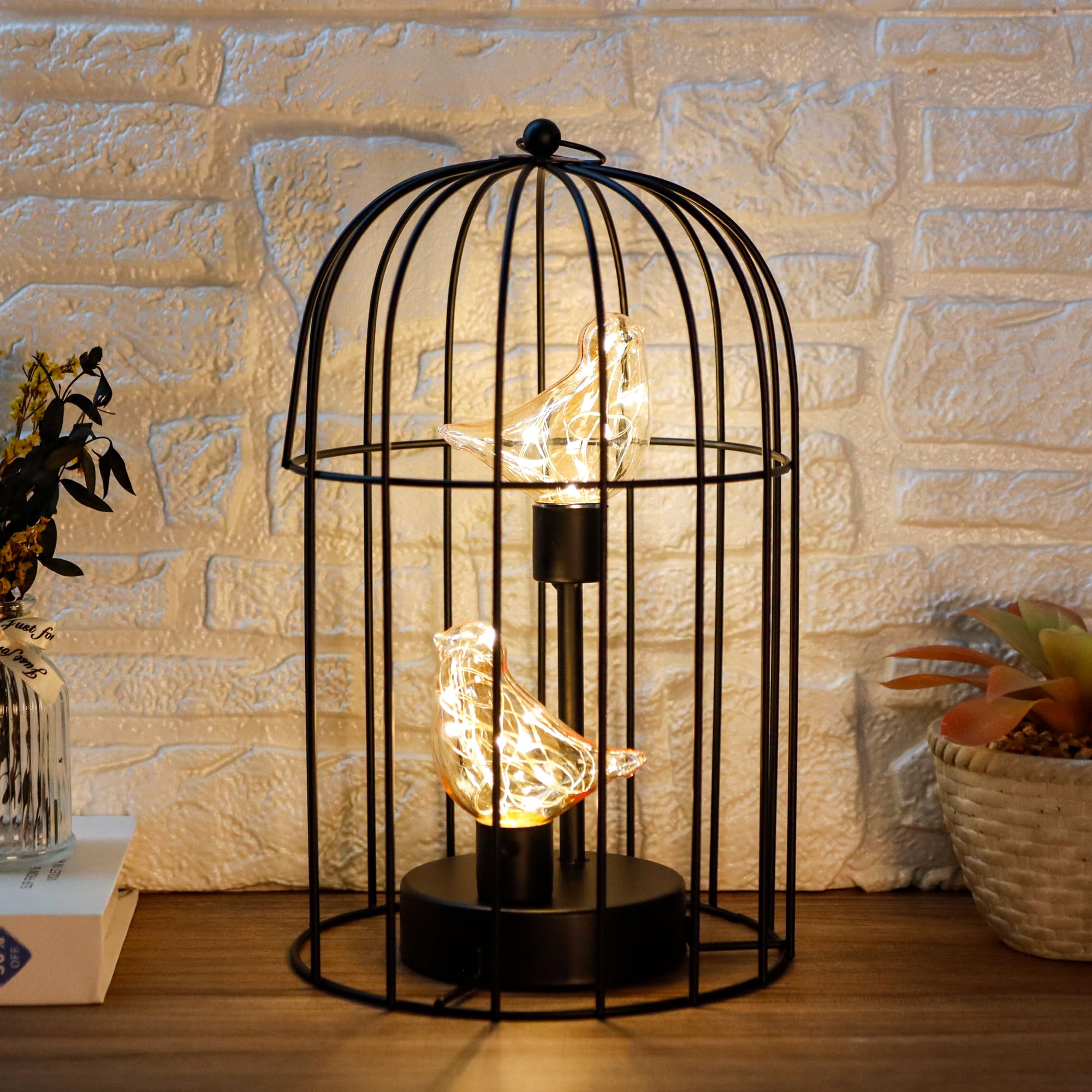 Jhy Design Birdcage Decorative Lamp Battery Operated 12" H Cordless Table Lamp With Warm White Fairy Lights Bird Bulb For Indoor Bedroom Living Room Home Wedding Xmas(Black)