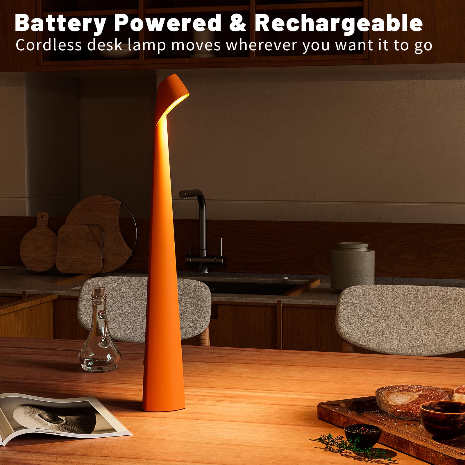 Hapygi Portable Cordless Led Desk Lamp, Rechargeable Wireless Table Lamp, 3-Level Brightness, Patio & Bedside Night Light, Dining Room Ambient Reading Light (Orange)