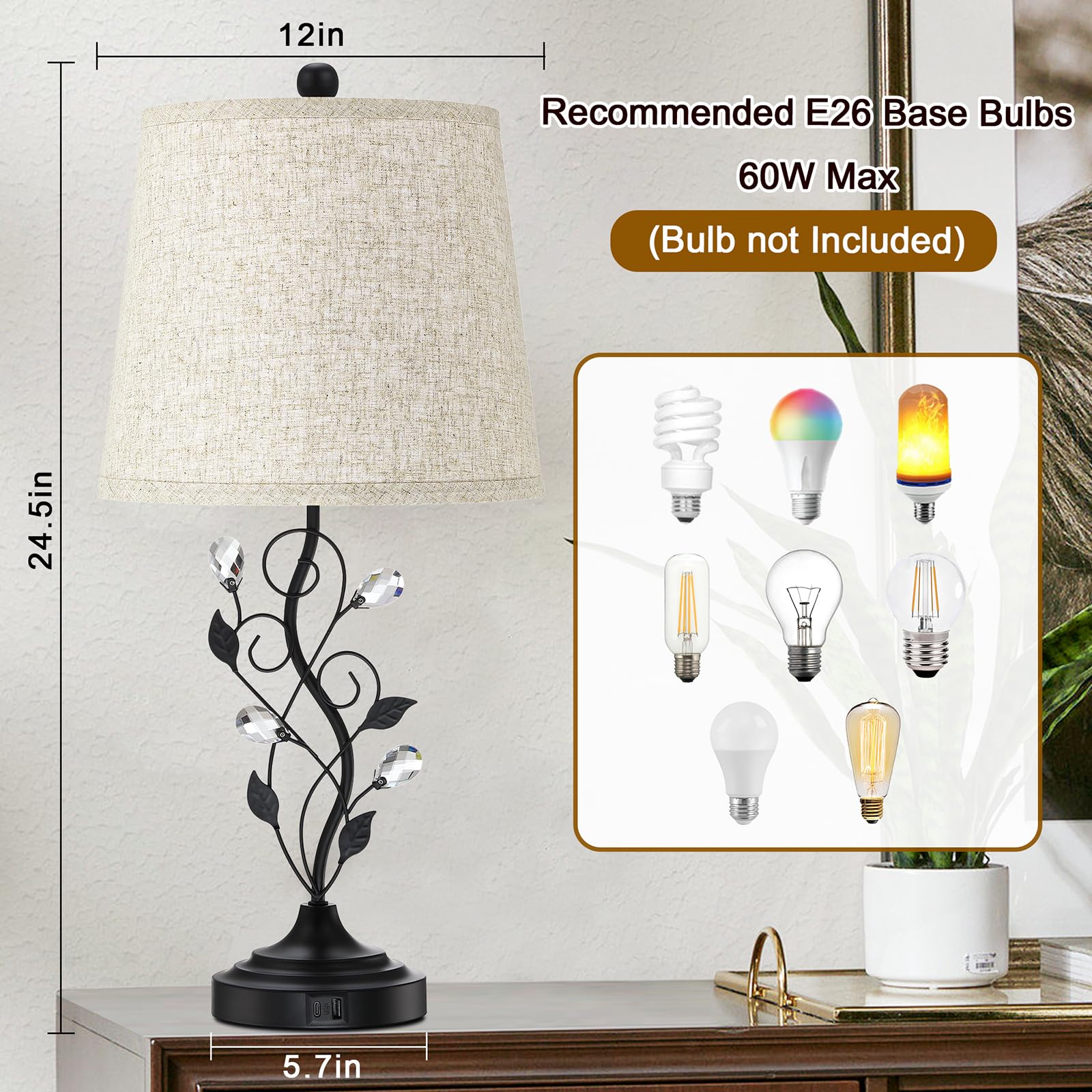 Sheetea 24.5In Farmhouse Table Lamps Set Of 2, Rustic Bedroom Lamps With 2 Usb Charging Ports, Cream Fabric Shade, Metal & Crystal Finish