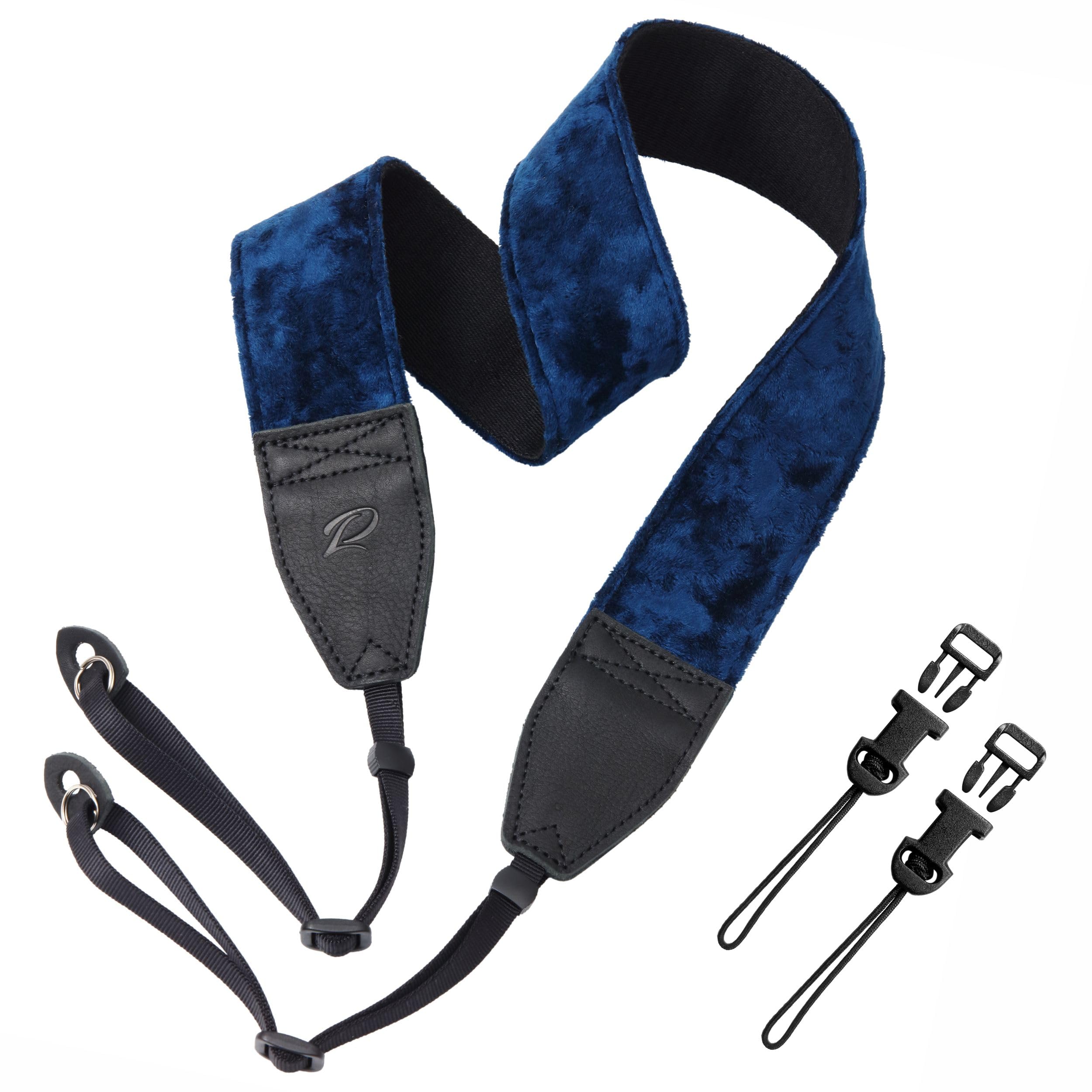 Padwa Lifestyle Velvet Camera Strap - 2" Wide Full Grain Cowhide Head Soft Velvet Straps For Photographers,Complimentary 2 Pcs Quick Release For All Dslr,Mirrorless Cameras,Binoculars - Dark Navy Blue