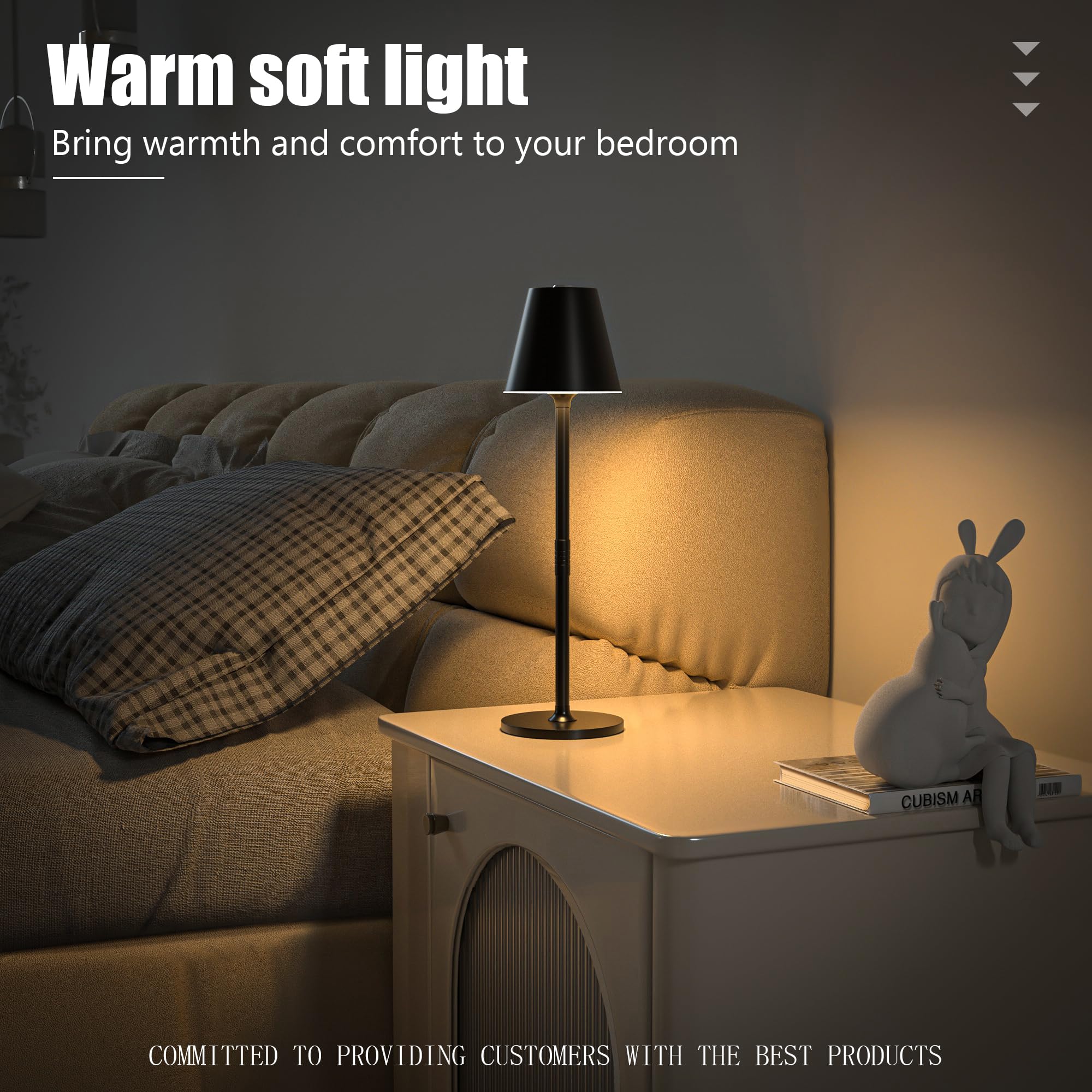 Timjorman Modern Led Cordless Table Lamp, 4000Mah Rechargeable Battery, 3 Level Brightness Night Light, Metal Shell, Minimalist Design, For Couples Dinner/Coffee Table/Restaurant/Bedroom, Black