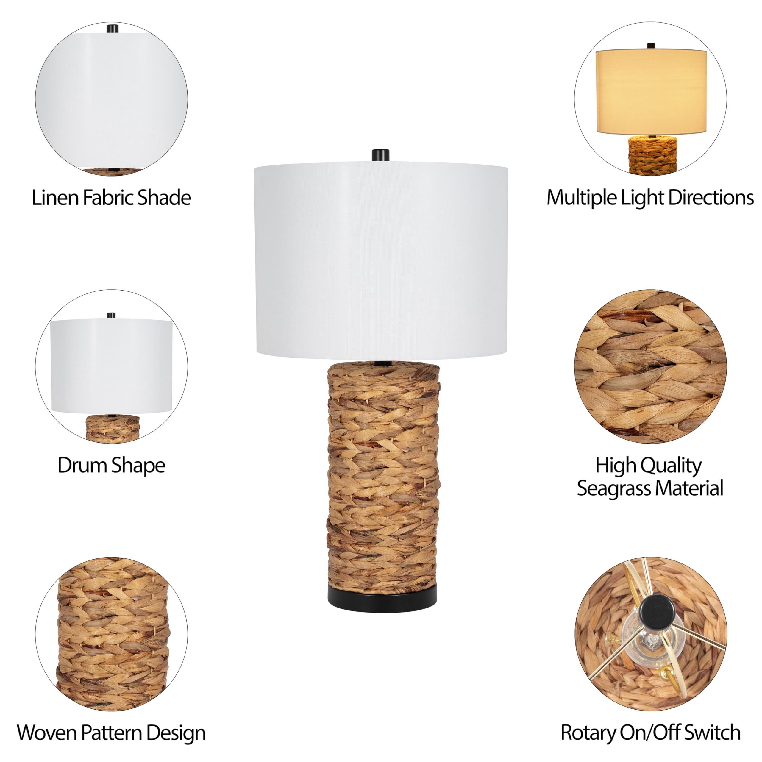Sagebrook Home Woven Seagrass Table Lamp With Linen Shade – Rustic Coastal Design, Brown, Bedside & Desk Lamp For Bedroom, Living Room, Office, 26 Inches