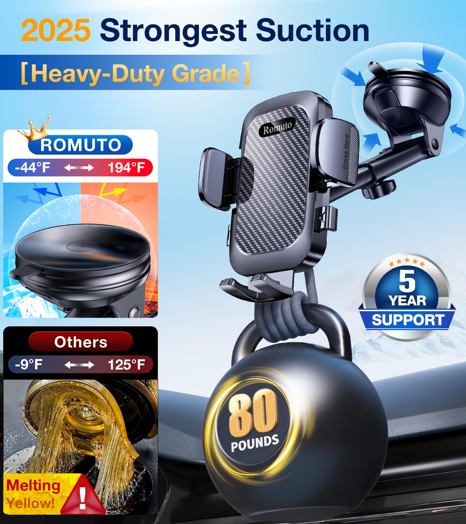 Romuto Phone Holders For Your Car【 Strongest Suction】Car Phone Holder Mount Dash【360° Adjustable】Suction Cup Phone Mount For Truck Stand Cell Phone Holder For Car Mount Fit All Iphone Car Accessories