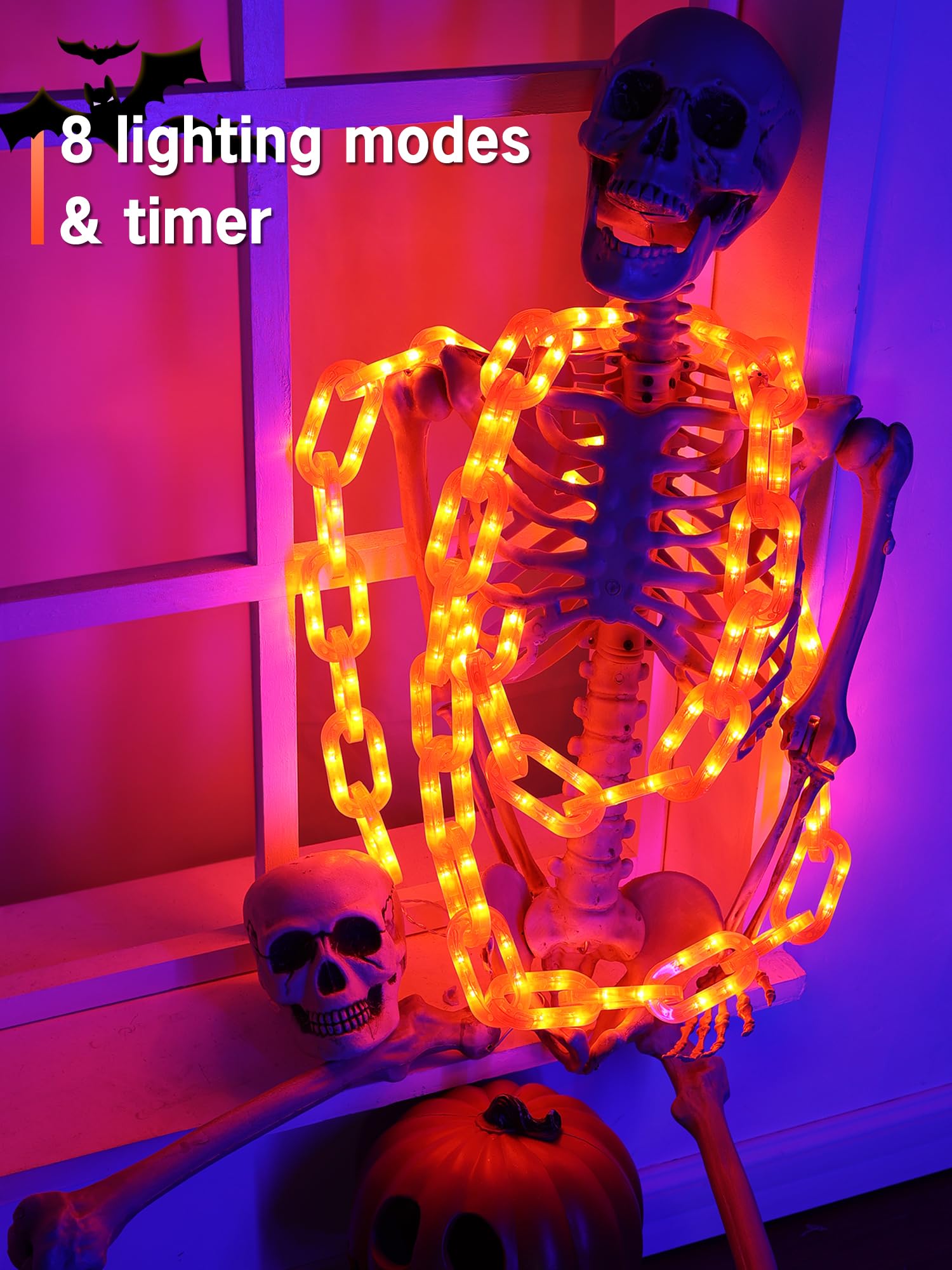 Flacchi Halloween Decorations Battery String Lights - 10 Ft 160 Led Plastic Chain String Lights With Waterproof, 8 Lighting Modes And Timer Function (Orange) Us Patent Product