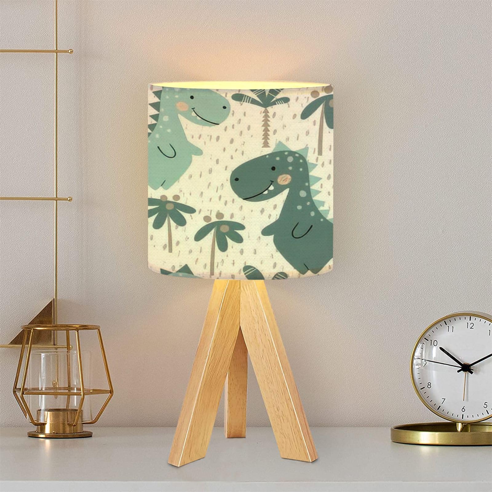Dqwijakx91 Tripod Table Lamp Dinosaur Baby Boy Seamless Pattern Sweet Dino Palm Scandinavian Cute Modern Bedside Dimmable Desk Lamp Wooden Base Fabric Lampshade For Kids Room, Nursery, Bedroom, Living Room
