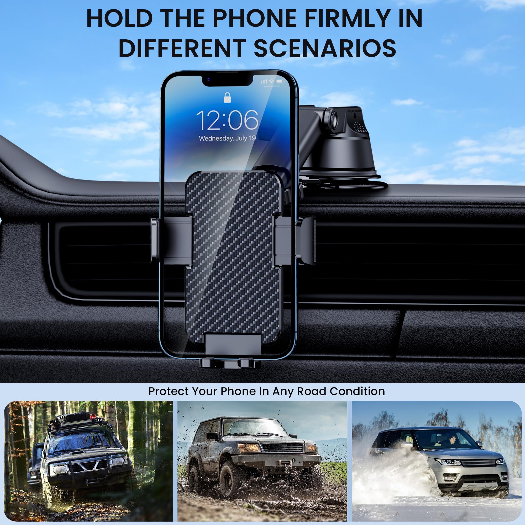 Guwez Phone Holder Car [Military Grade Suction Ultra Strong Base] Cell Phone Car Holder 3 In 1 Dashboard Windshield Air Vent Hands- For Iphone Android Phones